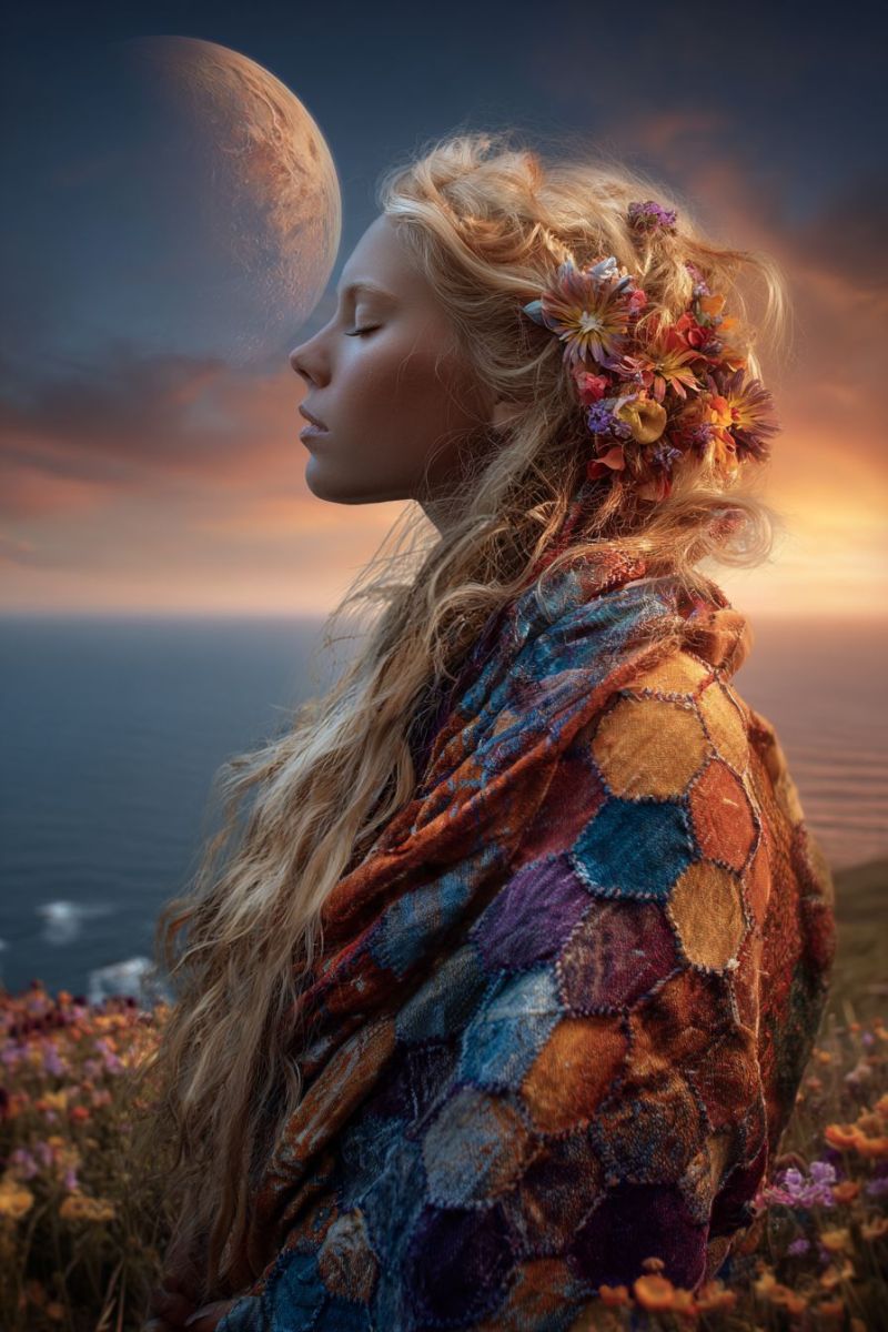 Femme robe lune ocean ciel coucher soleil nature reveur fantaisie beaute inspiration meditation contemplation serein fleur couronne Une femme aux longs cheveux blonds se tient dans un champ de fleurs, les yeux fermés alors qu'elle contemple une grande lune brillante dans le ciel. Elle porte un châle coloré et patchwork et a des fleurs tressées dans ses cheveux. L'arrière-plan présente un océan serein et un ciel passant des teintes bleues aux teintes orangées, suggérant l'aube ou le crépuscule.
