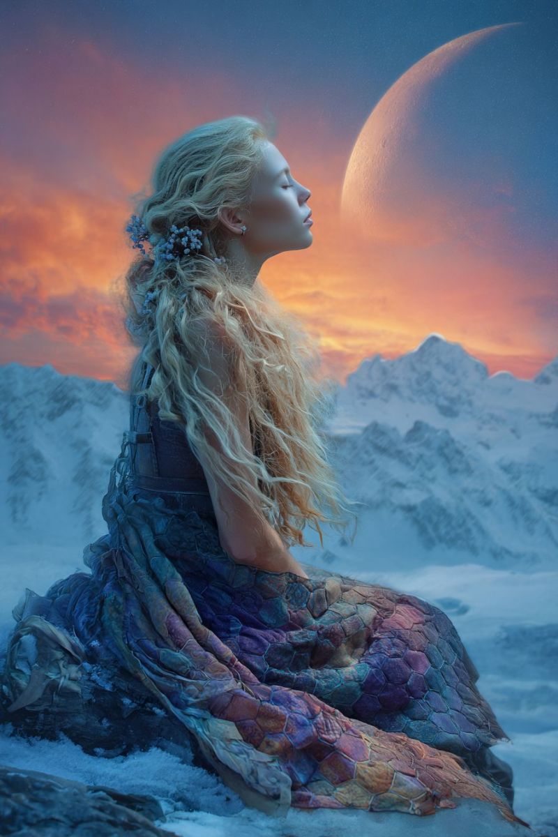 Woman fantasy sunset mountain sky moon clouds dress blonde hairstyle flowers nature imagination inspiration A woman with long, wavy blonde hair sits on a snowy mountain, gazing upward at a large, glowing moon in the sky. She wears a colorful, layered dress adorned with small, blue flowers in her hair. The sky behind her is a mix of orange and blue hues, indicating either a sunset or sunrise. The mountain range in the background is covered in snow, and the overall scene has a serene and mystical atmosphere.