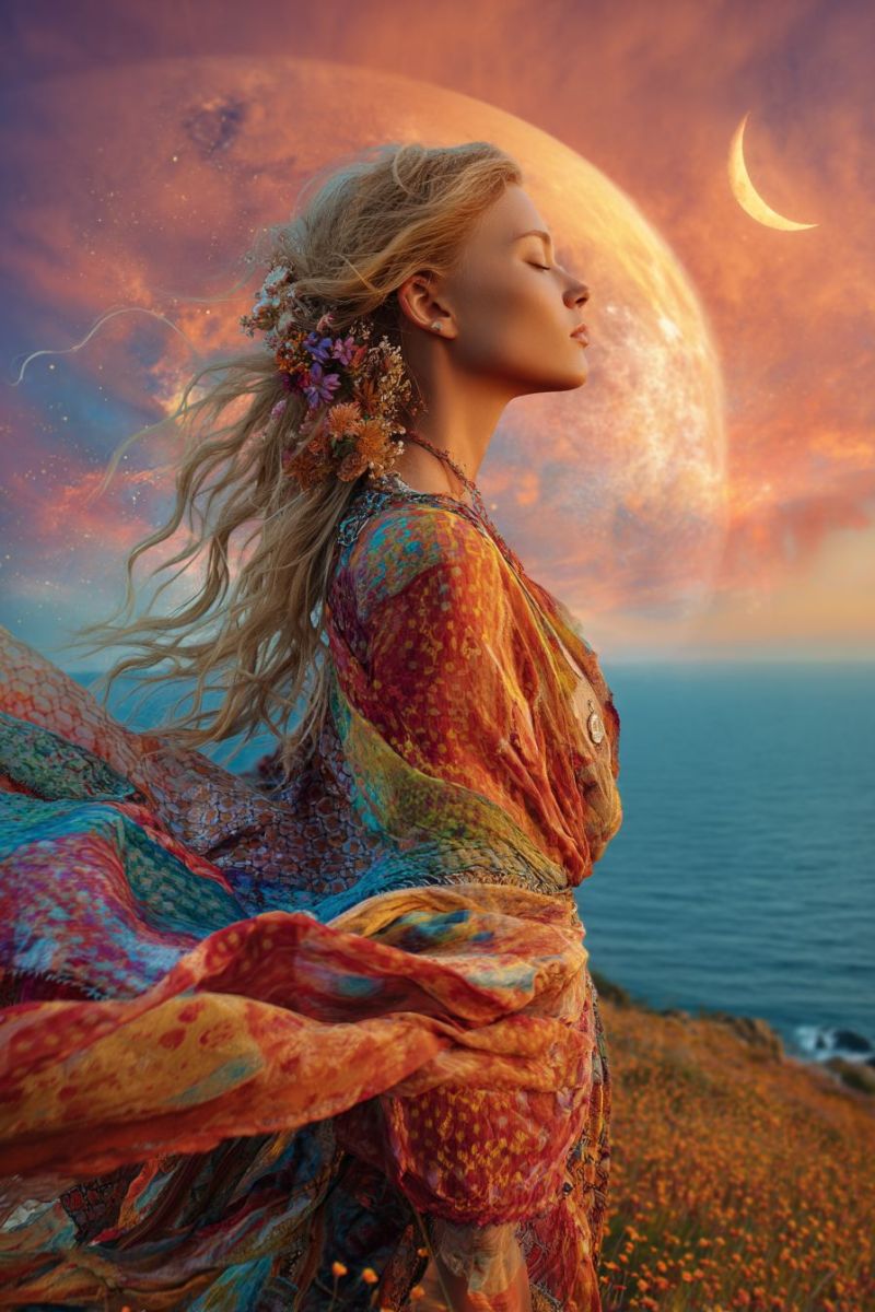 Femme robe lune ciel mer fleur floraison nuit nuages soiree fantaisie reve meditation inspiration beaute elegance Une femme aux longs cheveux blonds ondulés se tient sur une falaise surplombant l'océan. Elle porte une robe fluide aux multiples couleurs ornée de fleurs dans ses cheveux. Ses yeux sont fermés et elle semble être dans un état méditatif ou contemplatif. Derrière elle, le ciel est un mélange de teintes orange et roses, avec une grande planète lumineuse et un croissant de lune visible. L'océan s'étend sous elle, reflétant les couleurs du ciel.