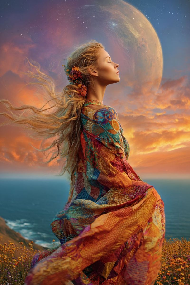 Femme robe ciel ocean planete nuages coucher soleil etoiles montagne fleur floraisons Une femme aux longs cheveux blonds ondulés se tient sur une falaise surplombant l'océan. Elle porte une robe colorée et à motifs qui flotte autour d'elle, et ses cheveux sont ornés de fleurs. Elle regarde vers le haut, apparemment perdue dans ses pensées, les yeux fermés. Derrière elle, le ciel est un mélange de teintes orange et bleues, et une grande planète lumineuse est visible au loin, entourée d'étoiles. L'océan en contrebas est calme, et la falaise est couverte de fleurs sauvages.