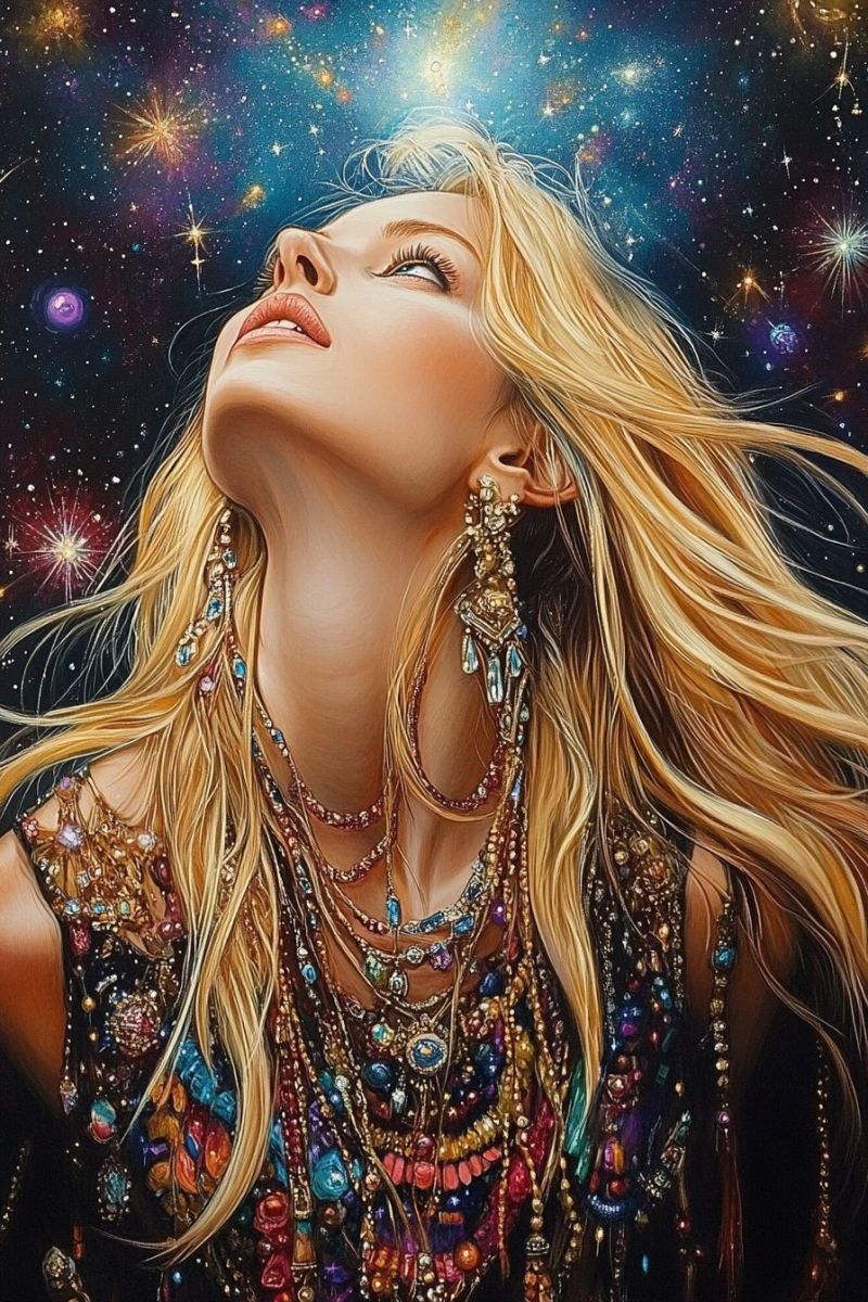 Woman female hair cosmic stars nebulae earring design resembling solar flares aurora colorful necklace beaded jewelry Woman female hair cosmic stars nebulae earring design resembling solar flares aurora colorful necklace beaded jewelry