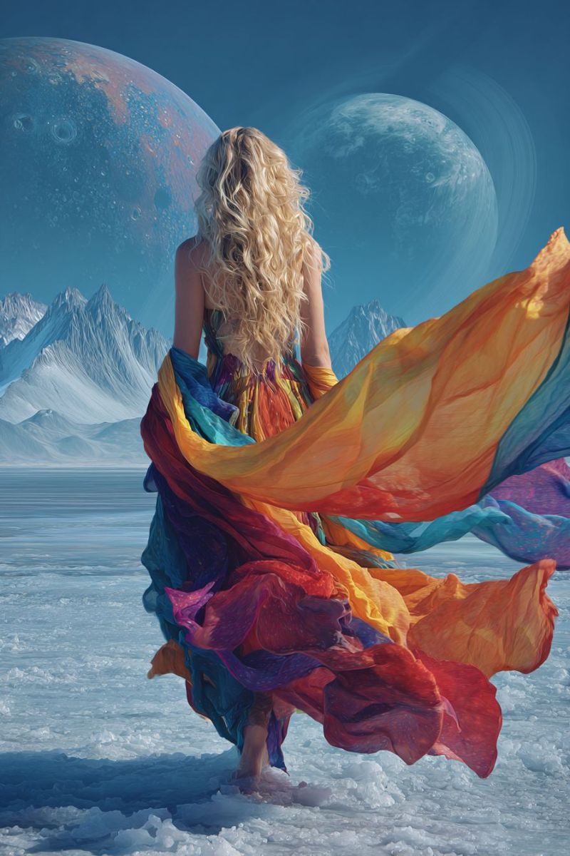 Woman dress planet space fantasy imagination cosmic universe celestial astral galactic starry dreamlike ethereal colorful flowing movement outer A woman with long, wavy blonde hair stands in a snowy landscape, her back turned to the viewer. She wears a flowing, multicolored dress that billows in the wind, with shades of blue, purple, orange, and pink. The dress appears to be made of a sheer, delicate fabric. She is barefoot, and her feet are partially covered in snow. In the background, there are two large, glowing planets against a deep blue sky, one with visible craters and the other with a smooth, reflective surface. Snow-covered mountains rise in the distance, completing the serene and otherworldly scene.