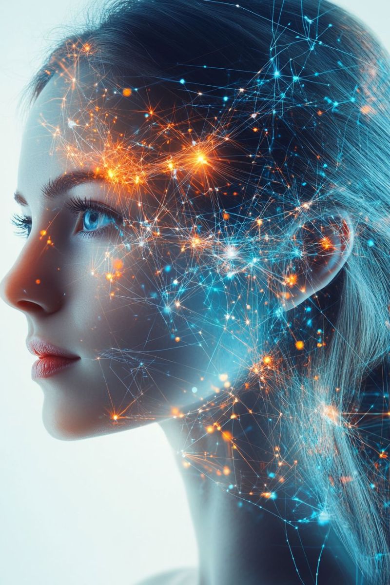 Woman sparkle glow network connection technology futuristic cyber virtual reality augmented innovation A side profile of a woman's face is shown with a glowing, abstract network of lines and dots overlaying her features. The lines are in shades of blue, orange, and yellow, creating a dynamic and futuristic effect. Her eyes are closed, and her lips are slightly parted, giving a serene expression. The background is a soft gradient of blue and white, enhancing the ethereal quality of the image.