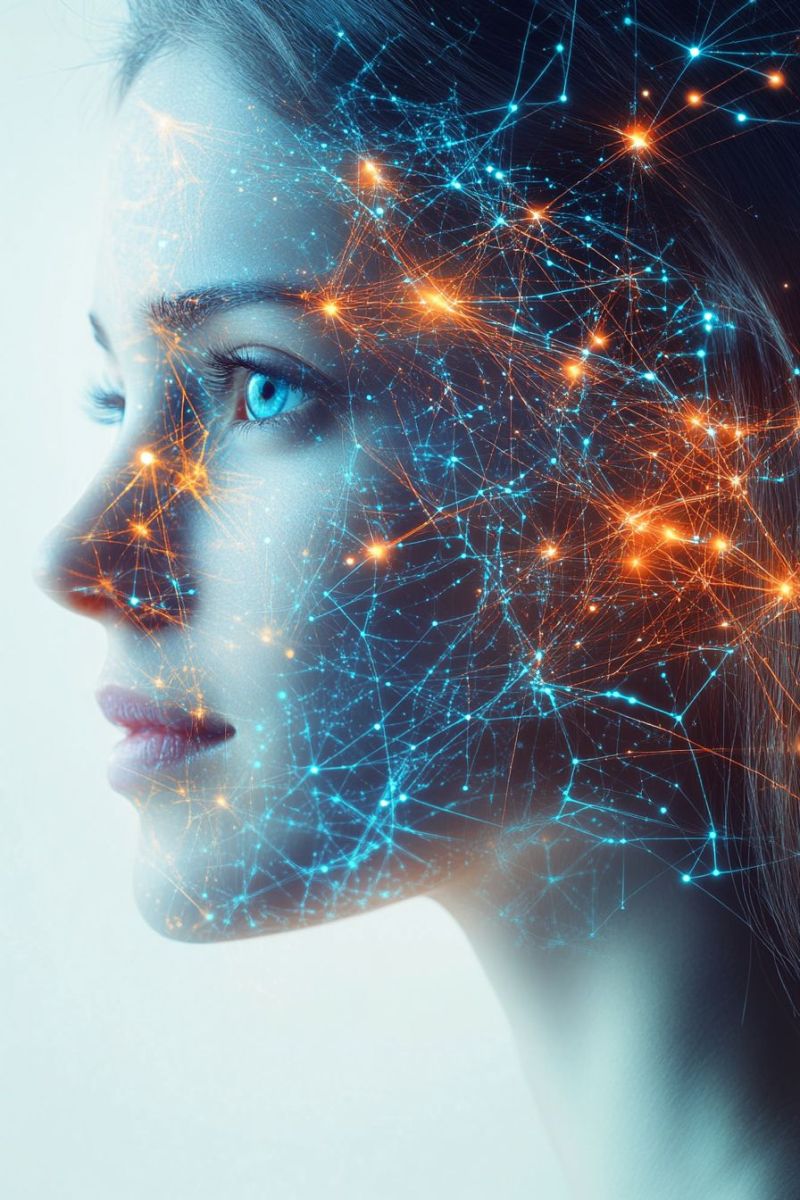 Woman eyes network connection technology glow sparkle pattern wireframe cyber futuristic cybernetic virtual A close-up of a woman's face with a digital overlay of a network of blue and orange lines. The woman has light skin, blue eyes, and dark hair. The digital overlay creates a futuristic and technological look, with the lines forming a web-like pattern across her face. The image has a slightly blurry effect, giving it a dreamy and ethereal quality.