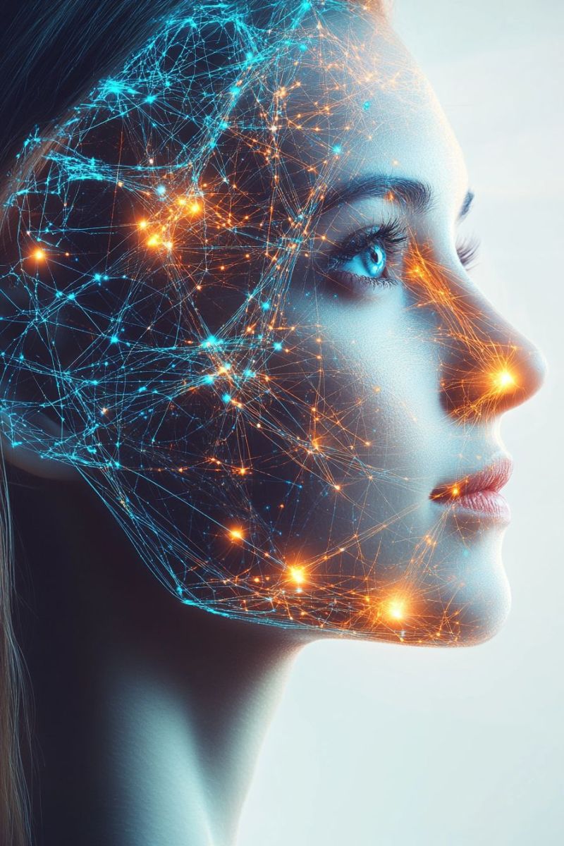 Lighting A woman's face is shown in profile with a digital overlay. Her face is illuminated with blue and yellow lights that form a network of lines and dots. Her eyes are closed, and her lips are slightly parted. The background is a gradient of blue and white.
