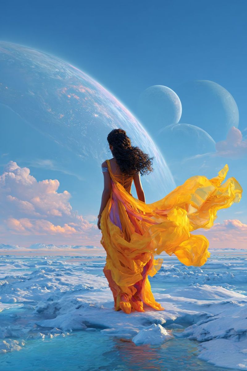 Femme robe eau ciel nuage glace planete espace fantaisie imagination cosmique celeste univers astral science fiction Une femme se tient sur une mer gelée, le dos tourné, portant une robe jaune et orange fluide qui flotte dans le vent. Ses cheveux bouclés sont sombres et cascadent le long de son dos. Le ciel au-dessus est d'un bleu profond avec des nuages éparpillés, et au loin, il y a plusieurs grandes sphères lumineuses, peut-être des planètes ou des lunes. La mer est couverte de glace, et l'eau en dessous est d'un bleu profond, reflétant le ciel et les sphères lointaines.