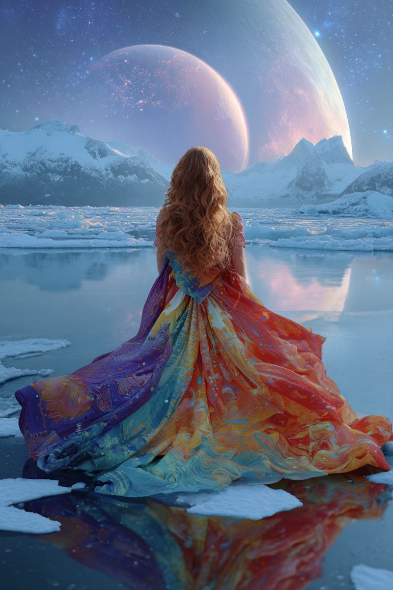 Woman dress water reflection sky planet mountain ice night star universe fantasy cosmic celestial astral ethereal outer space A woman with curly hair stands on a frozen lake, her back turned. She wears a flowing, multicolored dress that reflects the colors of the sky and water. The dress has a mix of purple, blue, orange, and yellow hues. The lake is surrounded by ice floes, and in the background, there are snow-covered mountains. Above, a large planet with a pink hue dominates the sky, surrounded by stars. The sky is a deep blue, and the scene is illuminated by the soft glow of the planet.