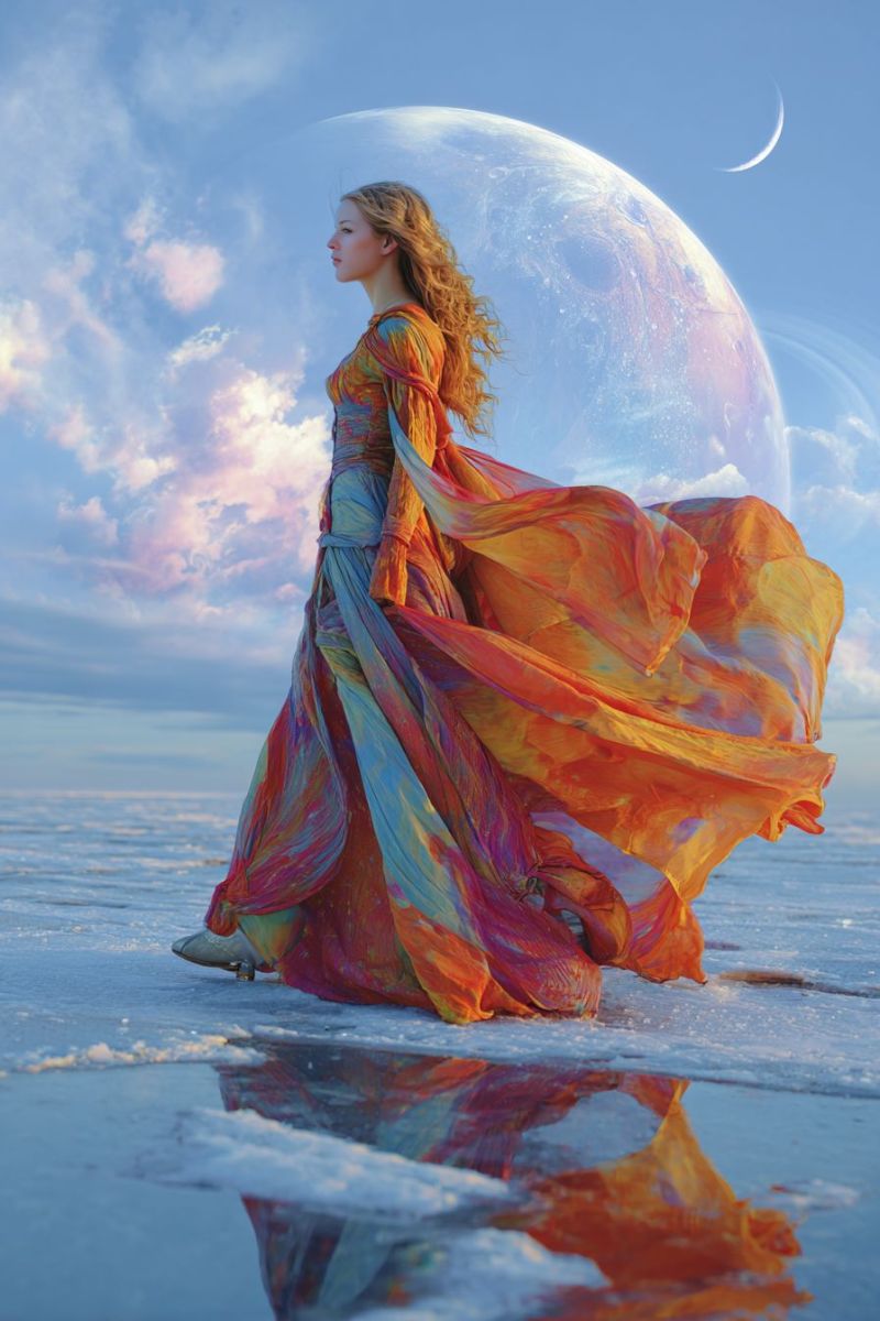 Woman dress moon sky clouds reflection water ice fantasy imagination dream beauty colorful elegant graceful outdoors nature A woman with long, curly blonde hair stands on a reflective, icy surface, possibly a frozen lake. She wears a flowing, multicolored dress that billows around her, with shades of orange, pink, and blue. Her dress has a long, trailing skirt and a fitted bodice. She looks to the left, perhaps at something or someone. Behind her, a large, glowing planet with a crescent moon in the sky is visible, creating a surreal and magical atmosphere. The sky is blue with scattered clouds, and the planet's surface is illuminated, casting a soft light on the scene.