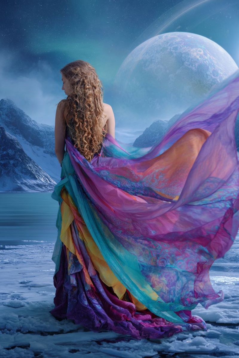 Woman dress fantasy planet space night sky mountain water snow autumn curly back leaves scenery season trees A woman with curly hair stands on a snowy landscape, her back turned. She wears a flowing, multicolored dress that billows in the wind, featuring shades of purple, yellow, and teal. Her dress has intricate patterns and appears to be made of a sheer, delicate fabric. In the background, there is a large, glowing planet with a ring around it, and the sky is filled with stars and a hint of aurora borealis. The ground is covered in snow, and there are distant mountains partially obscured by the mist.