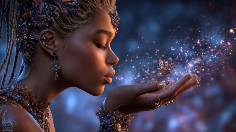 Fantasy woman jewelry earrings crown butterfly magic glow stars night dreamy elegant A woman with braided hair adorned with blue and purple beads and a headdress with intricate designs is looking down, her eyes closed. She wears a necklace and earrings with similar beadwork. Her hands are open, and she seems to be catching a butterfly with a golden-brown body and black and white wings. The background is a deep blue with sparkling lights and a faint glow, creating a magical atmosphere.