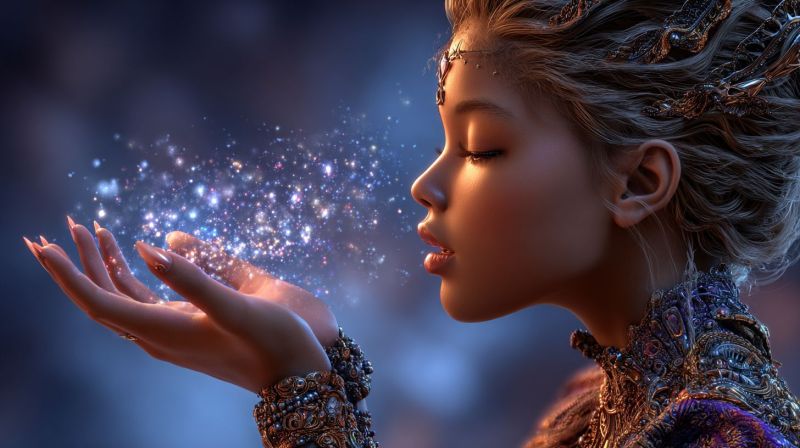 Fantaisie magie princesse bijouterie couronne monde design concept Une jeune femme aux longs cheveux ondulés ornés d'une couronne dorée est en train de regarder vers le haut les yeux fermés. Elle porte une robe richement détaillée et ornée avec un col haut et des motifs complexes. Ses mains sont ouvertes, et elle semble tenir une substance scintillante et étincelante qui ressemble à un élément magique ou éthéré. Le fond est d'un bleu profond, et la lumière de la substance scintillante projette une douce lueur sur son visage et ses mains.