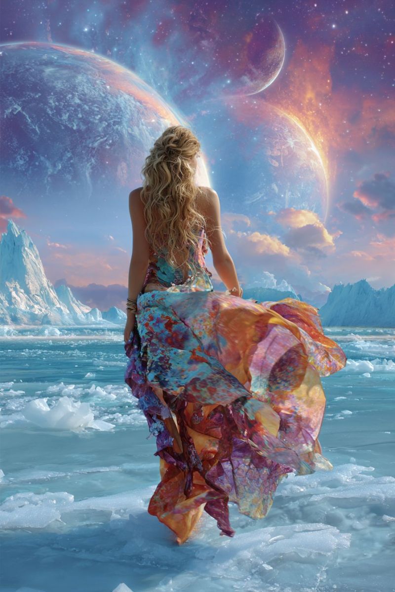 Woman dress ocean ice planet sky space cloud mountain star universe fantasy colorful night A woman with long blonde hair stands on a frozen sea, her back turned. She wears a flowing, multicolored dress that billows in the wind. The sky above is a mix of deep blues and purples, with distant planets and stars visible. In the background, there are icy mountains and a horizon that seems to stretch into infinity. The scene is both ethereal and surreal, blending elements of fantasy and nature.