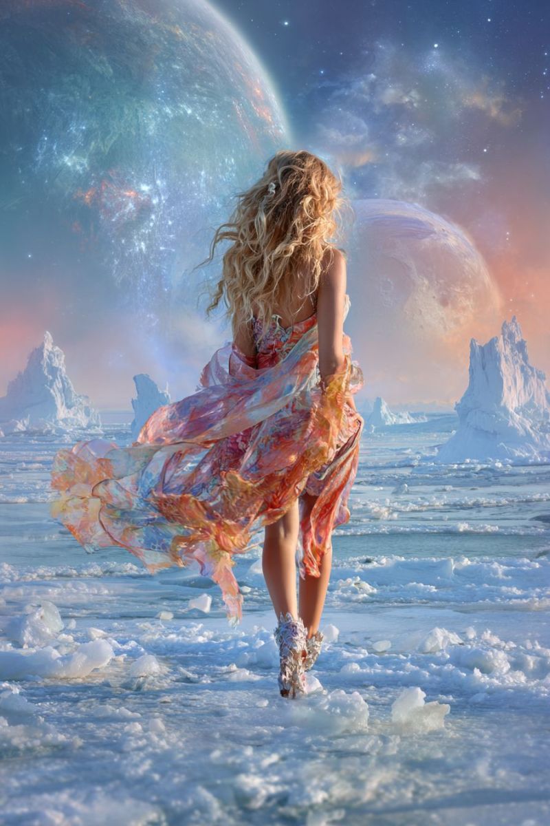 Woman dress ice planet space sunset sky fantasy universe star cloud water rock mountain snow glacier iceberg ocean A woman with long, curly blonde hair stands on a frozen sea, her dress flowing in the wind. She wears a colorful, floral dress and boots, and her hair is blowing in the wind. Behind her, there are two large planets in the sky, one with a fiery hue and the other with a blue and white hue. The sky is filled with stars, and the sea is covered in ice.