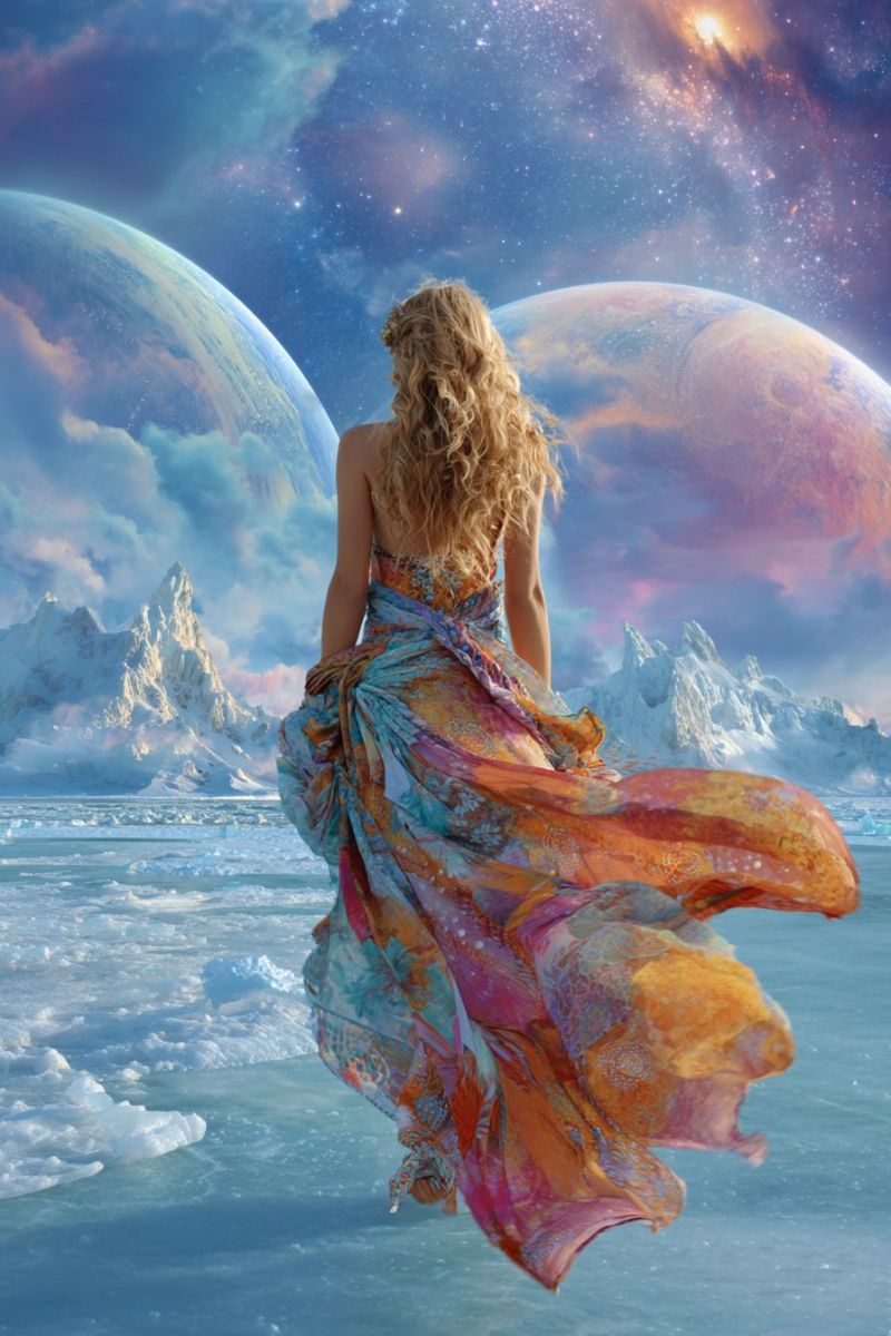 Woman dress planet sky space universe mountain ice water cloud star galaxy fantasy fictional painting colorful A woman with curly blonde hair stands on a frozen landscape, her back turned. She wears a flowing, multicolored dress that billows in the wind. The dress features shades of blue, pink, and orange. The background shows two large planets with swirling clouds and stars. In the foreground, there are icy mountains and a vast, icy sea. The sky is a mix of blue and purple hues, with a hint of pink near the horizon.