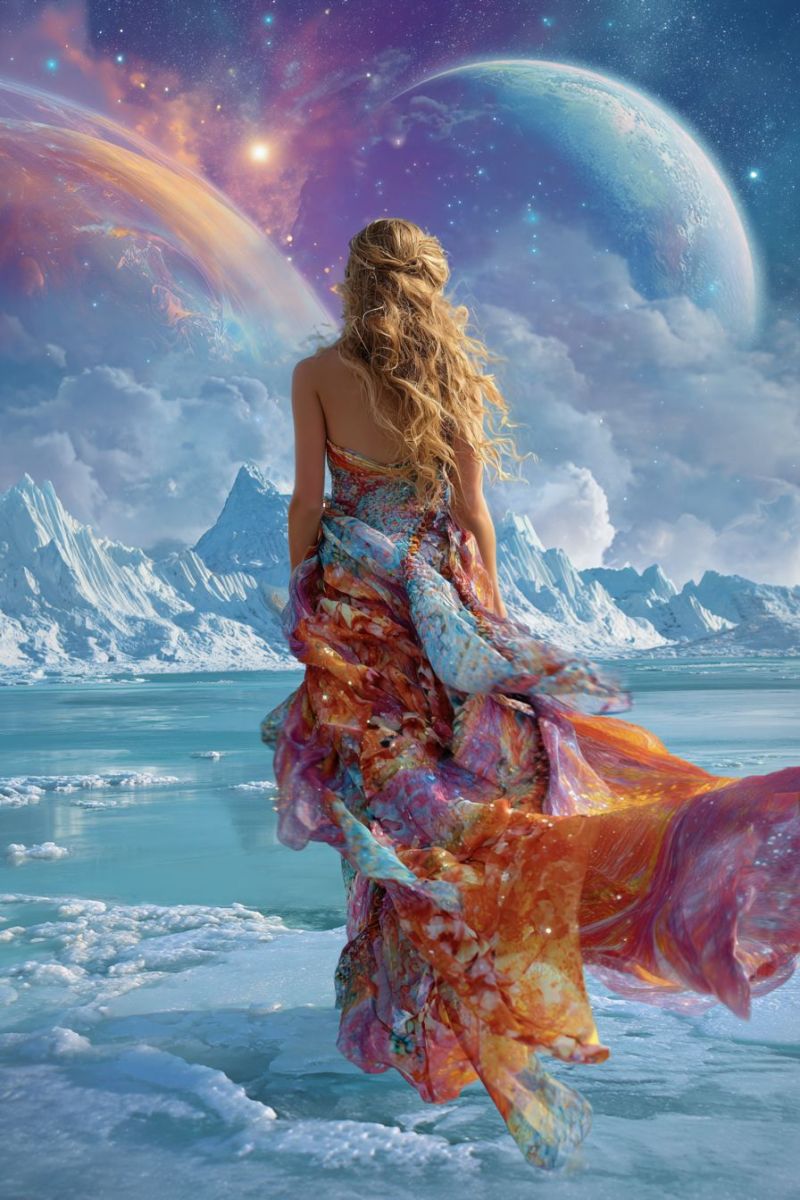 Woman dress water mountain sky cloud planet star space ice ocean fantasy painting colorful A woman with long, wavy blonde hair stands on a frozen lake, her back turned to the viewer. She wears a flowing, multicolored dress that billows around her, blending shades of pink, orange, and blue. The dress appears to be made of a lightweight, translucent fabric. The background features a surreal landscape with two large planets in the sky, one with a ring and the other with a visible surface. The sky is a mix of deep purple and blue, dotted with stars. In the foreground, the icy lake reflects the vibrant colors of the woman's dress and the distant mountains covered in snow.
