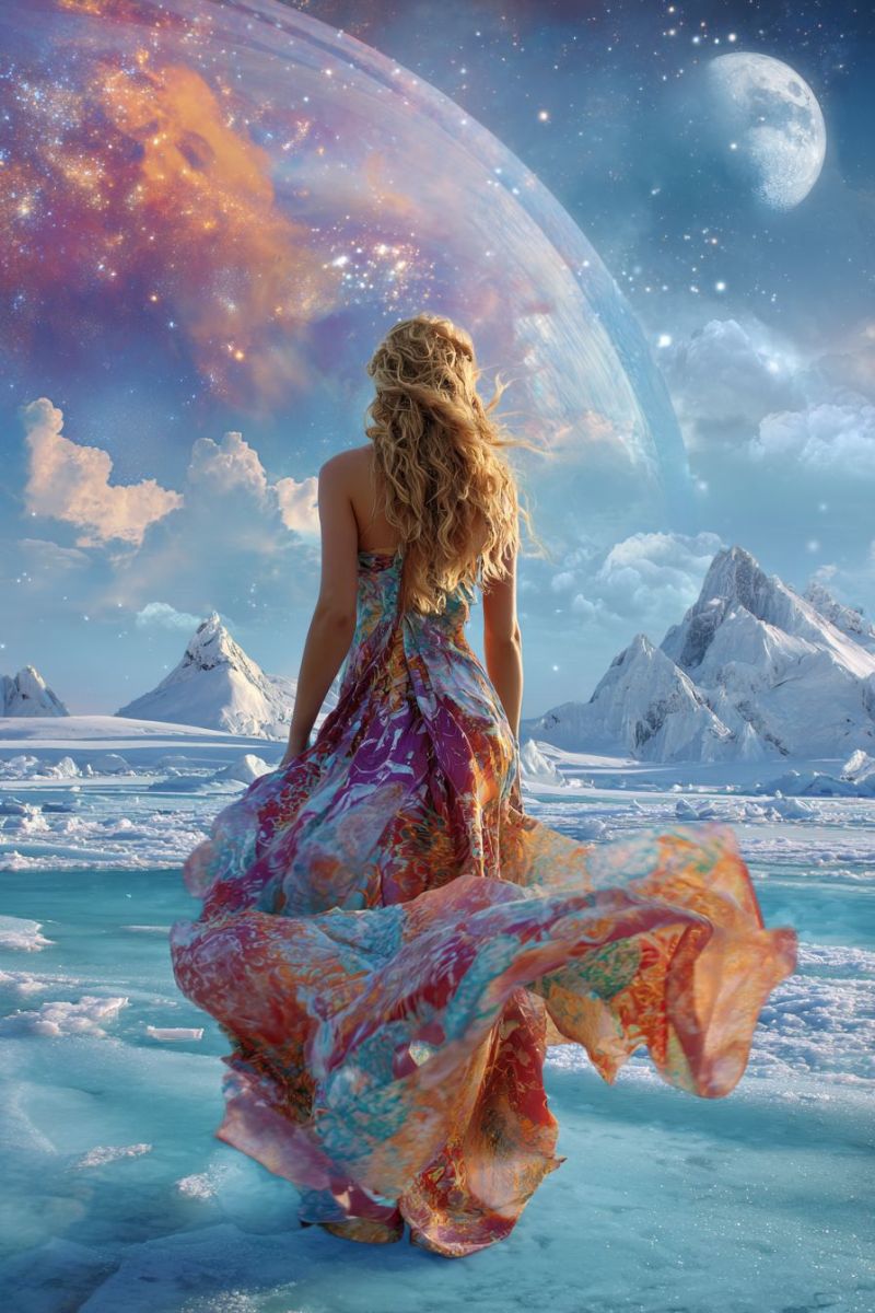 Woman dress back mountains snow ice sky planet moon stars clouds fantasy painting space cosmos universe A woman with long, wavy blonde hair stands on a frozen landscape, her back turned to the viewer. She wears a flowing, multicolored dress that billows around her. The dress features a mix of pink, blue, and green hues, with intricate patterns. The sky above is a deep blue, dotted with stars and a large, glowing moon. In the background, there are snow-covered mountains, and a large, vibrant planet with swirling clouds and a starry sky. The scene combines elements of fantasy and nature, creating a surreal and magical atmosphere.