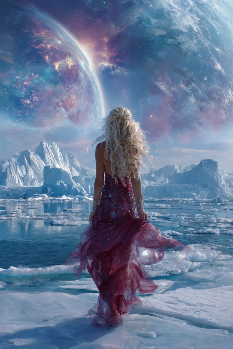 Femme blonde robe glace ocean planete ciel espace etoile soleil eau hiver nuage froid gel glacier iceberg montagne neige Une femme aux longs cheveux blonds ondulés se tient sur un paysage enneigé, le dos tourné vers l'observateur. Elle porte une robe rouge profond et fluide ornée de détails étincelants. La scène se déroule sur fond de montagnes glacées et d'une vaste galaxie tourbillonnante. Le ciel au-dessus est un mélange de bleus profonds, de violets et de roses, avec des touches d'étoiles et de nébuleuses. Le terrain glacé est parsemé d'icebergs, et l'eau en dessous est calme et réfléchissante.