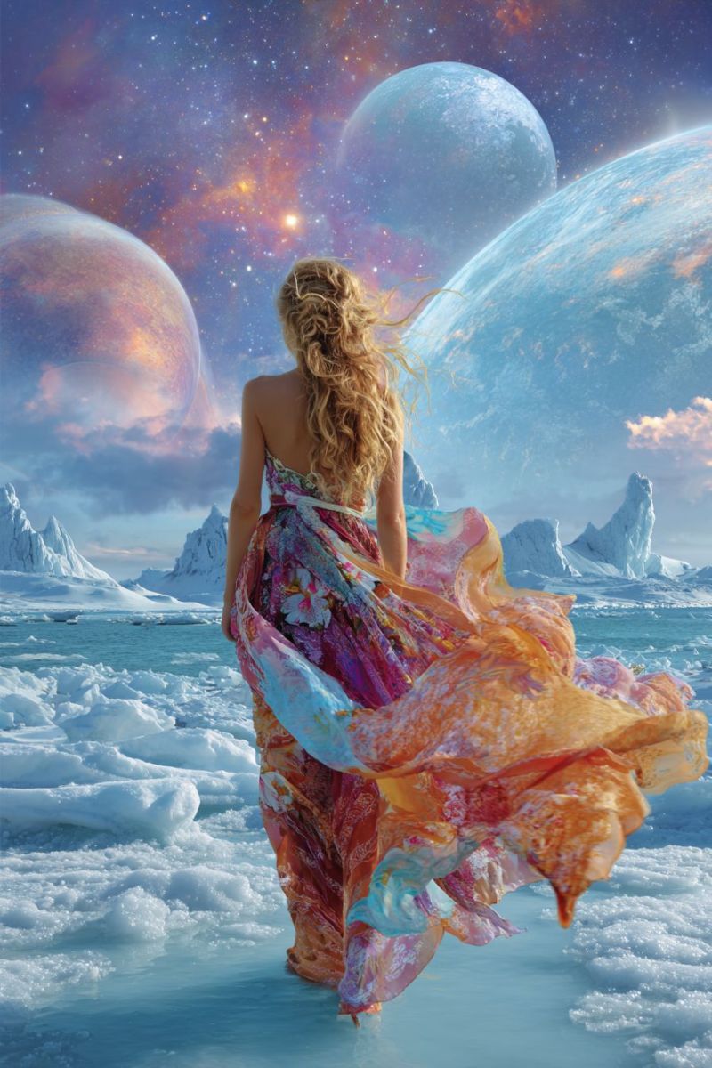 Woman dress planet space ice ocean sky star cloud mountain fantasy colorful futuristic alien exploration A woman with long, curly blonde hair stands on a frozen landscape, her back turned to the viewer. She wears a flowing, multicolored dress that billows in the wind. The dress features a mix of pink, orange, and blue hues, with intricate patterns. The icy terrain is dotted with small icebergs, and in the background, there are towering, snow-capped mountains. Above, the sky is a deep blue, filled with stars and planets, including a large, glowing planet that stands out prominently. The scene combines elements of fantasy and nature, creating a surreal and ethereal atmosphere.