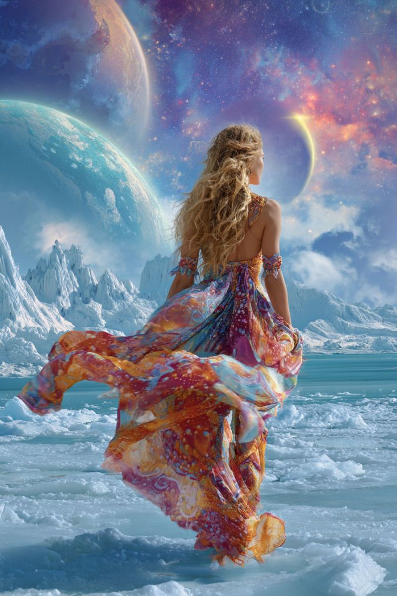 Femme robe fantaisie planete espace univers glace montagne ocean ciel etoile soleil eau nuage reflet neige texture hiver Une femme aux longs cheveux blonds bouclés se tient sur un paysage gelé, le dos tourné. Elle porte une robe fluide aux multiples couleurs qui flotte autour d'elle, ornée de motifs complexes. La robe présente des nuances d'orange, de rose et de bleu, avec une touche de vert. Elle regarde vers le ciel, où deux grandes planètes sont visibles. Une planète est bleue avec des nuages visibles, tandis que l'autre est un mélange de bleu et d'orange, avec un anneau jaune brillant autour d'elle. Le ciel est un mélange vibrant de teintes bleues, violettes et orange, avec des étoiles éparpillées. En arrière-plan, il y a des montagnes enneigées.