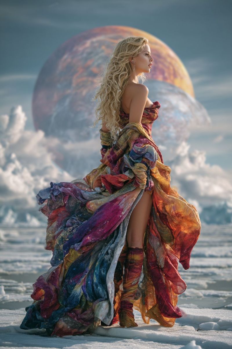 Femme robe blonde planete ciel nuages neige fantaisie univers cosmique celeste etoile nuit reveur espace Une femme aux longs cheveux blonds se tient sur une surface enneigée, son regard dirigé vers la gauche. Elle porte une robe fluide et multicolore qui flotte autour d'elle, avec un col haut et de longues manches. La robe présente un mélange de couleurs vives, notamment rouge, orange, jaune et bleu. Elle porte également de hautes bottes colorées. Derrière elle, une grande planète avec une atmosphère tourbillonnante et colorée domine l'arrière-plan, suggérant un cadre fantastique ou d'un autre monde. Le ciel est un mélange de nuages bleus et blancs, ajoutant à l'atmosphère surréaliste.