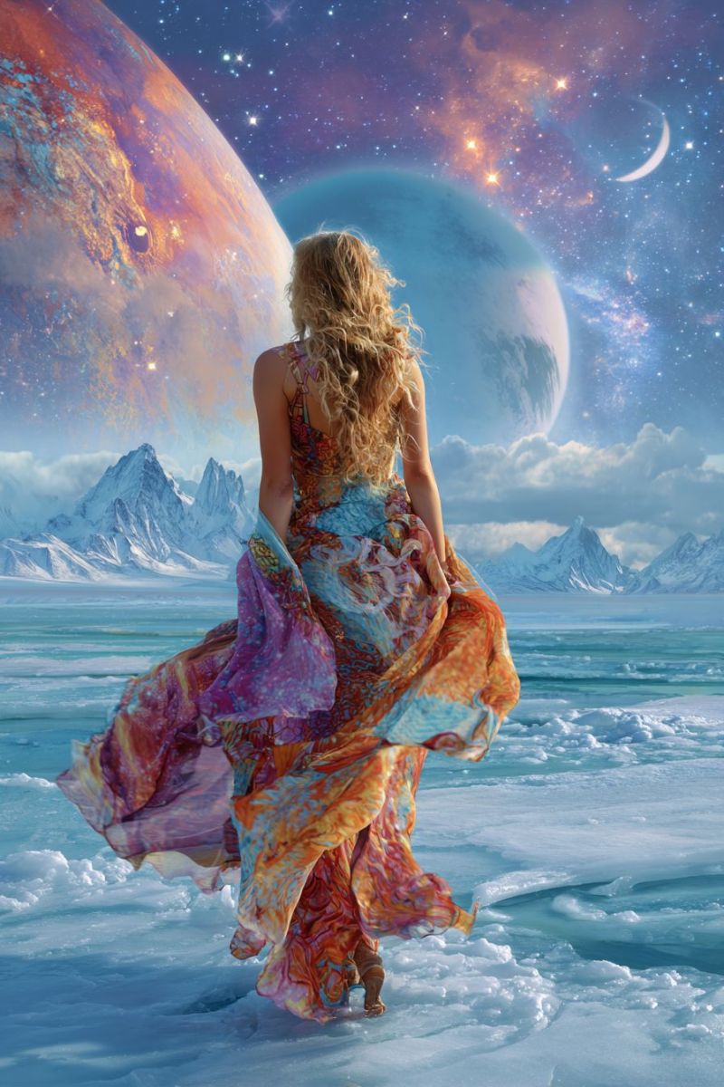 Femme robe planete espace montagne ciel etoile lune glace eau nuage nuit neige ocean reflet fantaisie Une femme aux cheveux blonds bouclés se tient sur un lac gelé, le dos tourné. Elle porte une robe fluide aux multiples couleurs qui flotte au vent. Le ciel au-dessus est d'un bleu profond, parsemé d'étoiles et d'une lune croissante. En arrière-plan, deux grandes planètes flottent dans l'espace, l'une avec une teinte rougeâtre et l'autre d'un bleu profond. L'horizon est bordé de montagnes enneigées.