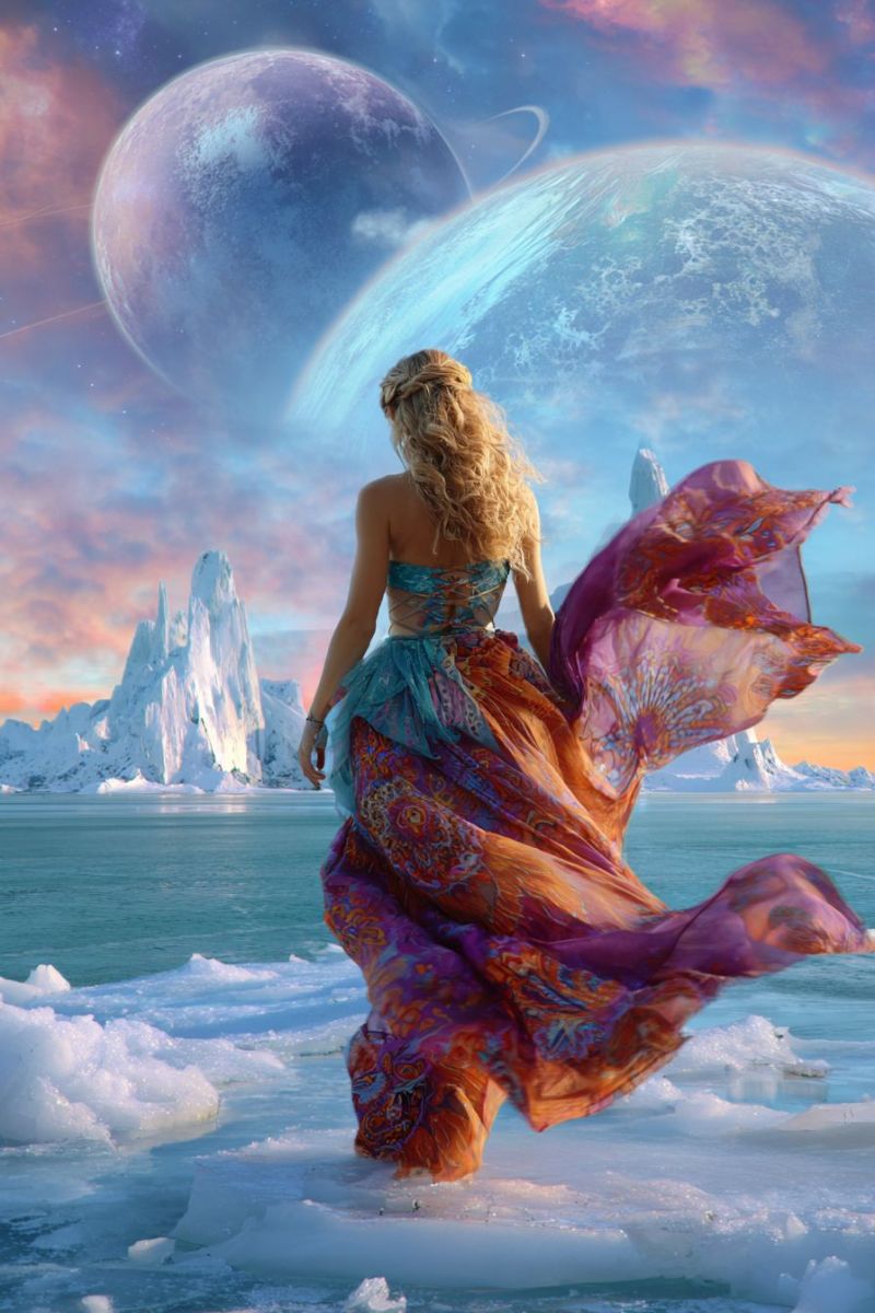 Woman dress planet sky space iceberg ocean sunset fantasy sci alien universe cosmic celestial astral ethereal A woman with long blonde hair stands on a frozen sea, her dress flowing in the wind. She wears a blue and orange dress with intricate patterns. Behind her, icy mountains rise against a back of two large planets. One planet is blue with a ring, and the other is purple with a ring. The sky is a mix of blue, pink, and purple hues, with stars scattered across.