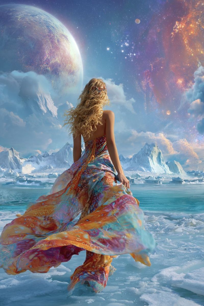 Woman dress ocean iceberg mountain sky planet star cloud water snow fantasy space universe cosmic celestial astral A woman with long blonde hair stands on a frozen sea, her dress flowing in the wind. She wears a floral headband and a colorful, flowing dress. Behind her, a large planet with a reddish hue and a smaller moon are visible in the sky. The sky is filled with stars and nebulae, and in the distance, there are icy mountains and icebergs floating in the water.