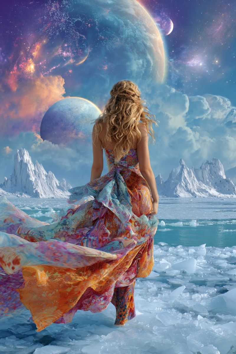 Woman dress back ice ocean mountain planet sky cloud star space galaxy universe fantasy painting imagination A woman with curly blonde hair stands on a frozen sea, her back turned. She wears a flowing, colorful dress with a floral pattern. The dress billows in the wind, and her hair flows freely. Behind her, a large planet with a blue and purple hue floats in space, surrounded by smaller planets and stars. In the distance, snow-covered mountains rise against a back of a blue sky with scattered clouds.