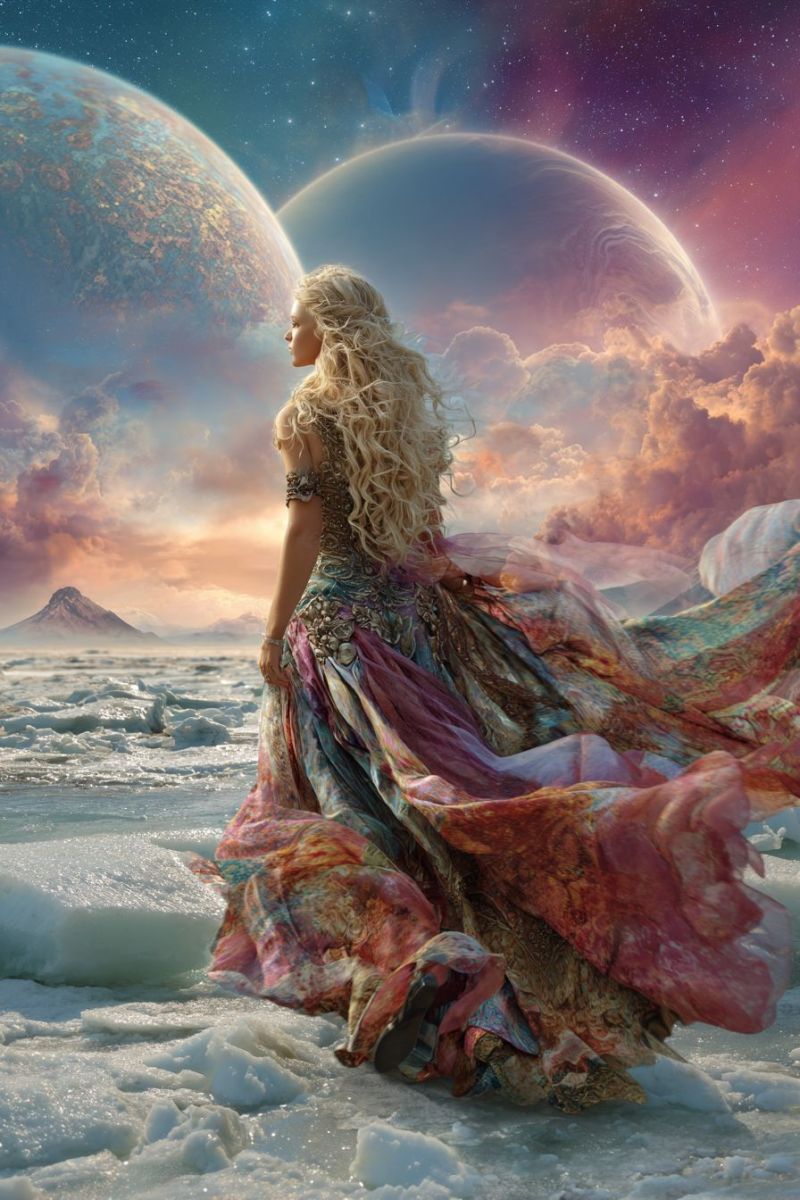 Woman dress fantasy planet space sky clouds mountain ice ocean sunset star universe aurora reflection imagination beauty A woman with long blonde hair stands on a snowy landscape, her dress flowing in the wind. She wears a detailed, multicolored dress adorned with intricate patterns. The sky above is a mix of blue, purple, and pink hues, with stars and a large planet visible. In the background, there is a mountain range, and the horizon is dotted with more celestial bodies.