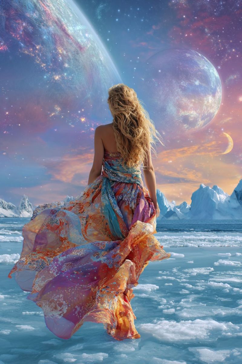 Woman dress back ocean iceberg sky planet moon stars galaxy universe space sunset clouds horizon water reflection A woman with curly blonde hair stands on a frozen sea, her back turned. She wears a flowing, multicolored dress that billows in the wind. The sky above is a vibrant mix of blues, purples, and pinks, with stars and a crescent moon visible. In the background, two large planets are depicted, one with a swirling galaxy and the other a bright, glowing sphere. The icy landscape is dotted with icebergs, and the water is calm and reflective.