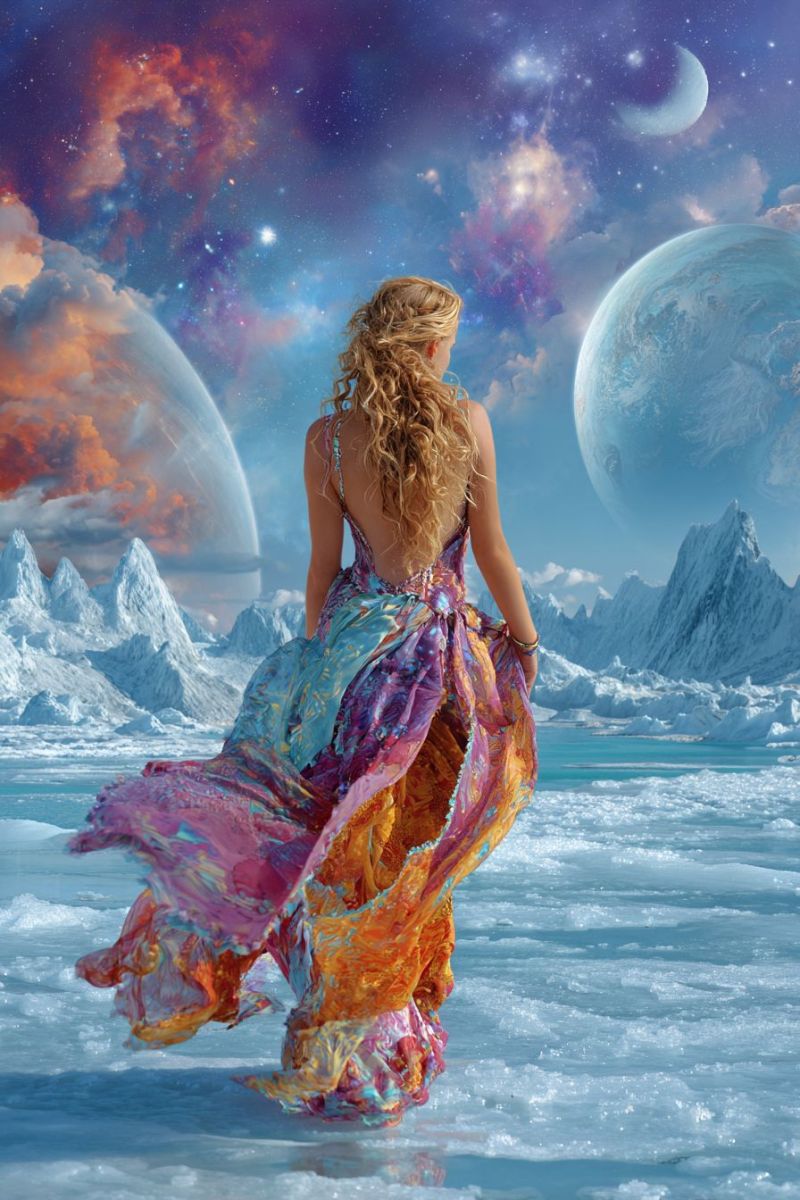 Woman dress fantasy space planet universe star sky cloud moon ice mountain water reflection night colorful imagination beauty A woman with curly blonde hair stands on a frozen landscape, her back turned. She wears a flowing, multicolored dress that billows in the wind. The sky above is a vibrant mix of blues, purples, and reds, with a crescent moon and distant planets visible. The icy terrain is dotted with snow-covered mountains, and the horizon is framed by a serene, otherworldly atmosphere.