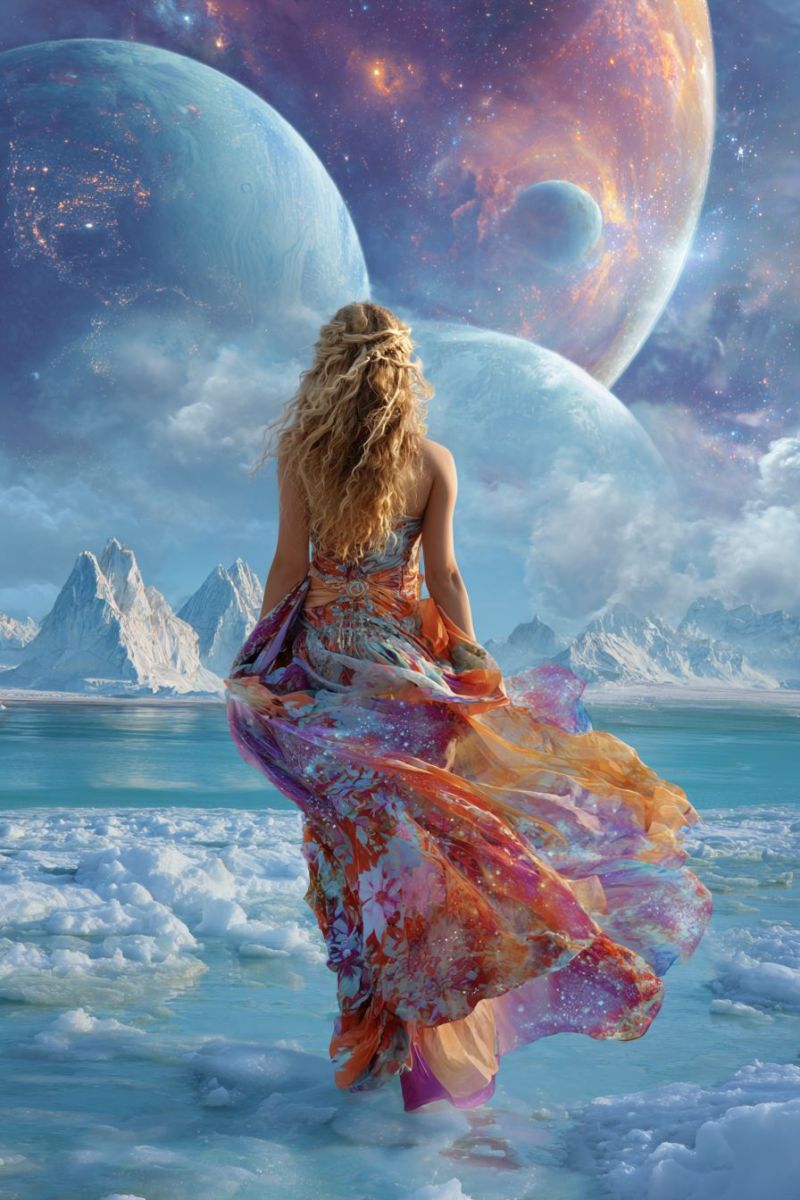 Femme robe eau montagne ciel planete espace univers galaxie etoile nuage glace ocean neige fantaisie Une femme aux cheveux blonds bouclés se tient dans un paysage glacé et serein. Elle porte une robe fluide aux multiples couleurs qui flotte autour d'elle. Derrière elle, deux grandes planètes flottent dans l'espace, l'une avec une galaxie tourbillonnante et l'autre avec une teinte bleue sereine. Le ciel est un mélange de bleus et de violets, avec des étoiles dispersées. Au loin, des montagnes enneigées s'élèvent sur le fond de la scène céleste.