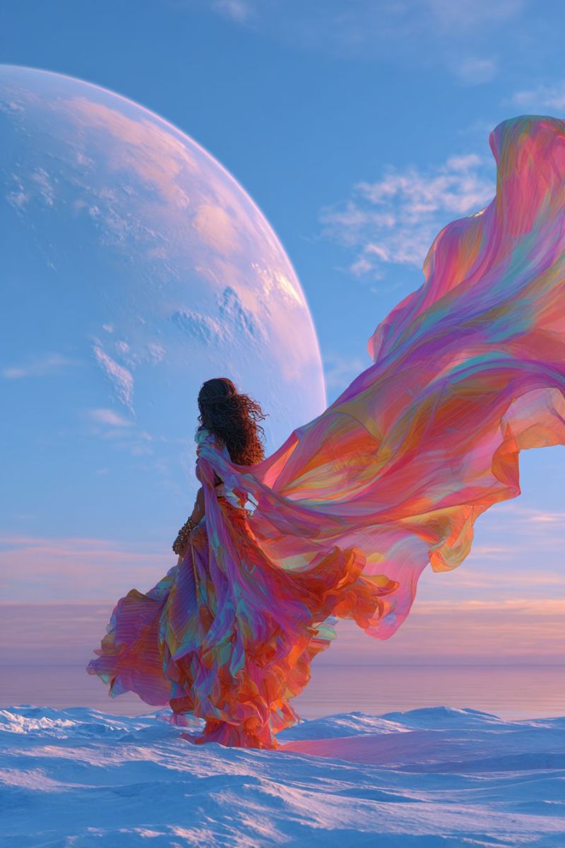 Woman dress sky planet sunset fantasy space clouds horizon waves snow ocean mountains wind freedom dream A woman stands on a snowy landscape, her back turned, with long curly hair flowing freely. She wears a vibrant, flowing dress that billows in the wind, displaying a spectrum of colors from pink to orange and yellow. The dress appears almost ethereal, blending seamlessly with the soft hues of the sky. In the background, a large planet is visible, its surface reflecting a mix of pink and blue tones, creating a surreal and otherworldly atmosphere. The sky is a deep blue, dotted with faint clouds, and the horizon is painted with the soft colors of a sunset.