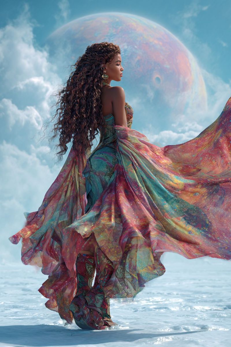 Femme robe fantaisie planete ciel nuages espace cosmique univers cosmo cosmologie radiation micro onde rayon corde toile cosmologique constante princi Une femme aux cheveux bouclés se tient dans un paysage enneigé, sa robe flottant de manière spectaculaire autour d'elle. La robe est un mélange vibrant de teintes roses, bleues et vertes, avec des motifs complexes. Elle porte de grandes boucles d'oreilles et ses cheveux descendent le long de son dos. Derrière elle, une grande planète avec une tache sombre est visible contre un ciel bleu avec des nuages éparpillés. La scène se déroule sur un fond de sol enneigé, avec l'ombre de la femme projetée sur la neige.