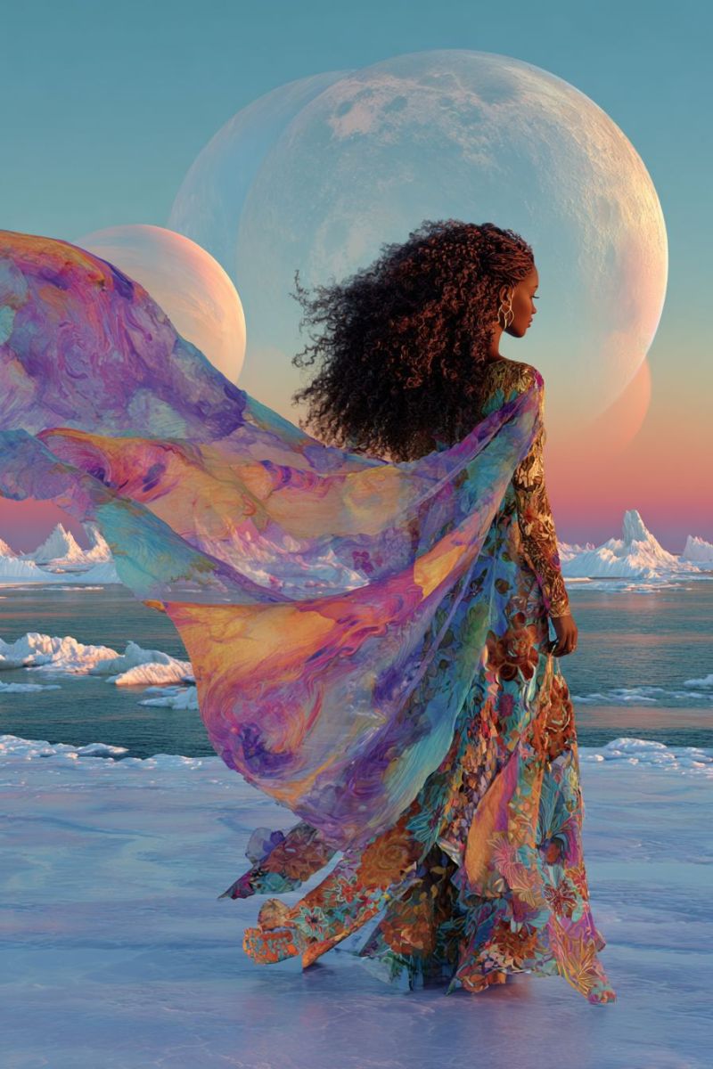 Femme robe lune ciel iceberg ocean echarpe fantaisie beaute elegance creativite imagination inspiration Une femme aux cheveux bouclés se tient sur un paysage enneigé, sa robe flottant de manière spectaculaire derrière elle. La robe est un mélange vibrant de couleurs, incluant des violets, des jaunes et des verts, avec un motif floral. Elle regarde vers la droite, possiblement vers l'horizon. Derrière elle, deux grandes lunes sont visibles dans le ciel, l'une plus grande et plus proéminente que l'autre. Le ciel est un mélange de teintes bleues et orange, suggérant soit l'aube soit le crépuscule. Au loin, des icebergs flottent sur l'eau, ajoutant à l'atmosphère sereine et irréelle.