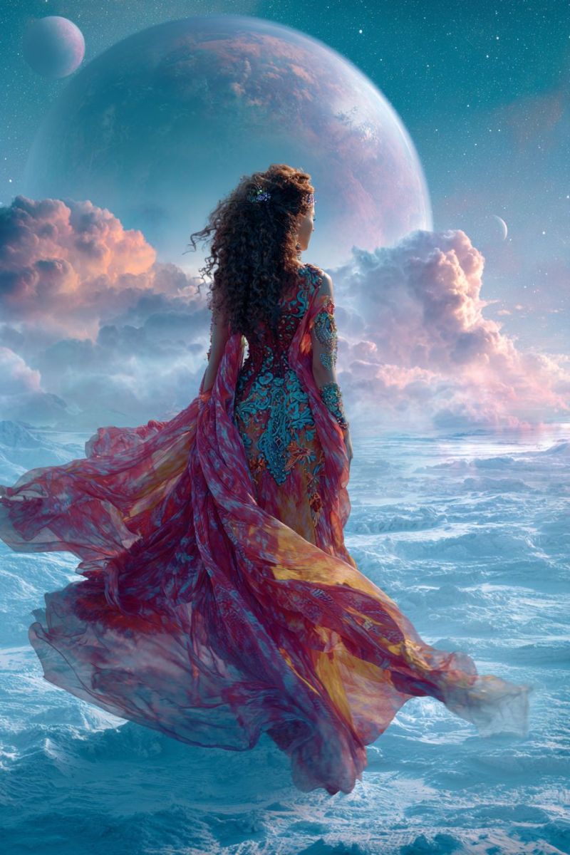Woman dress fantasy space planet clouds sky stars moon universe cosmic celestial galactic astral ethereal dreamlike imagination outer A woman with curly hair stands in the middle of a vast, open space, possibly a sea, with her back turned. She wears a flowing, multicolored dress with intricate patterns, and her hair is adorned with a small, decorative accessory. The sky above is filled with a large planet and several moons, creating a surreal and fantastical atmosphere. The background features a mix of blue and pink hues, with clouds scattered across the sky. The scene is illuminated by a soft, ethereal light, giving it a dreamlike quality.