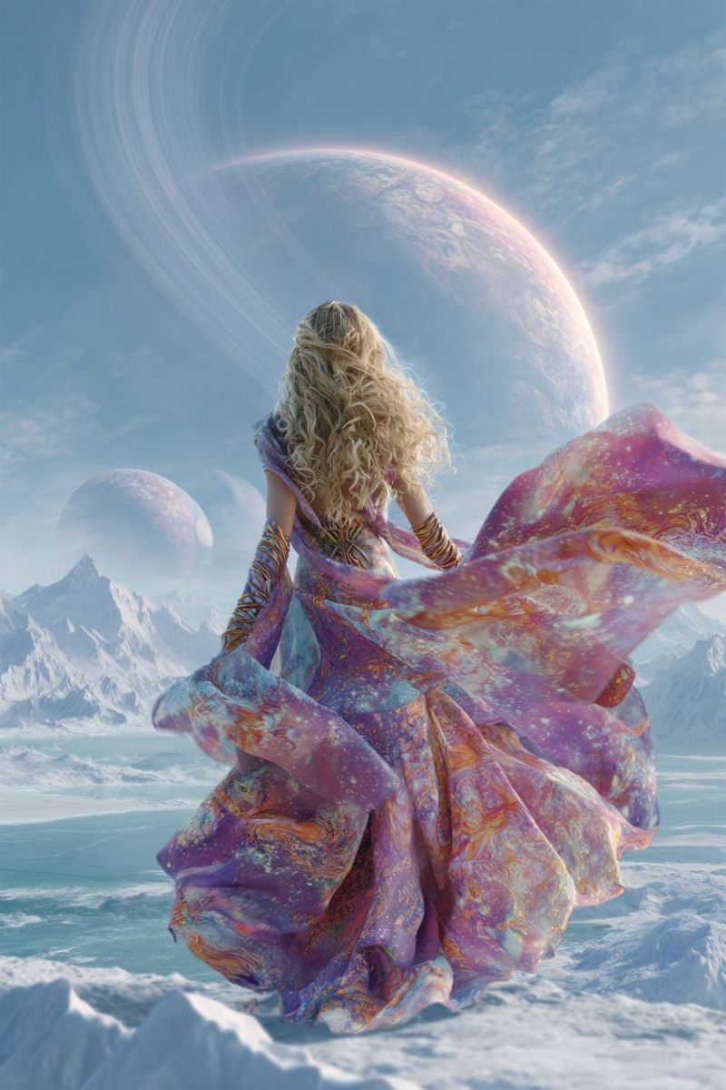Woman dress fantasy space planet sky mountain snow ice cold winter blonde flowing elegant majestic celestial universe astral cosmic A woman with curly blonde hair stands in a snowy landscape, her back turned. She wears a flowing, multicolored dress that billows in the wind. The dress features shades of purple, pink, and blue, with intricate patterns. She is barefoot, and her dress flows around her, suggesting movement. In the background, there are two large planets, one with a ring system, and a mountain range partially covered in snow. The sky is a deep blue with scattered clouds.