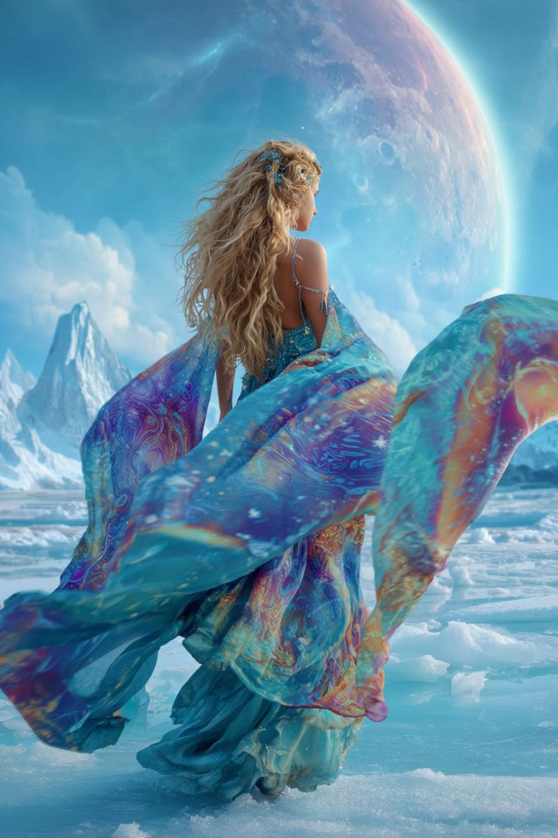 Woman dress fantasy moon sky ice snow mountain cloud water reflection world scenery concept A woman with long blonde hair stands on a snowy landscape, her back turned. She wears a flowing, multicolored dress that billows in the wind, featuring shades of blue, purple, and orange. Her hair is adorned with blue flowers, and she has a necklace with a pendant. Behind her, a large, glowing planet with a pink hue and visible craters dominates the sky, accompanied by distant, snow-covered mountains.