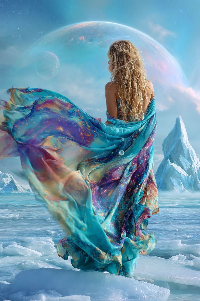 Femme robe tissu glace ocean ciel planete lune nuages etoiles fantaisie espace univers cosmique celeste ethere imagination Une femme aux longs cheveux blonds se tient sur une mer gelée, le dos tourné. Elle porte une robe fluide et multicolore qui flotte dans le vent, aux teintes de bleu, violet et or. Sa robe a une qualité scintillante, presque éthérée. Derrière elle, une grande planète lumineuse flotte dans le ciel, entourée de corps célestes plus petits. Le ciel est d'un bleu profond avec des étoiles éparpillées. Au premier plan, la mer glacée s'étend, avec des icebergs visibles au loin. La scène combine des éléments de fantaisie et de nature, créant une atmosphère surréaliste et magique.