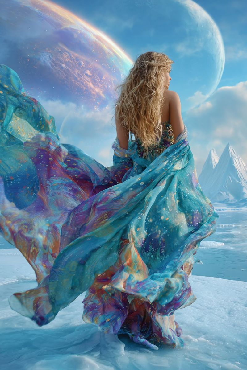 Woman dress fantasy space planet universe snow mountains blonde flowing colorful shadow reflection A woman with long, wavy blonde hair stands on a snowy landscape, her back turned. She wears a flowing, multicolored dress with shades of blue, purple, and gold, which billows around her. The dress has a shimmering, almost ethereal quality, with intricate patterns that catch the light. The sky behind her is a deep blue, with a large, glowing planet and a rainbow arcing across it. In the distance, snow-capped mountains rise against the horizon, adding to the surreal, otherworldly atmosphere.