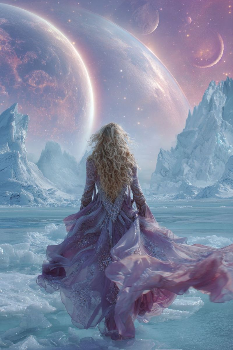 Femme robe fantaisie glace planete espace ciel montagne eau ocean mer iceberg rocher pierre froid hiver glacial gel glacier neige Une femme aux longs cheveux blonds ondulant se tient dans un vaste paysage glacé. Elle porte une robe lavande fluide ornée de motifs complexes. Son dos est tourné et sa robe flotte dans le vent. Derrière elle, des formations de glace imposantes s'élèvent sur fond de planètes et d'étoiles lointaines. Le ciel est un dégradé de violet et de bleu, avec des corps célestes dispersés à travers celui-ci. Le sol est un mélange de glace et d'eau, reflétant les couleurs vives du ciel.