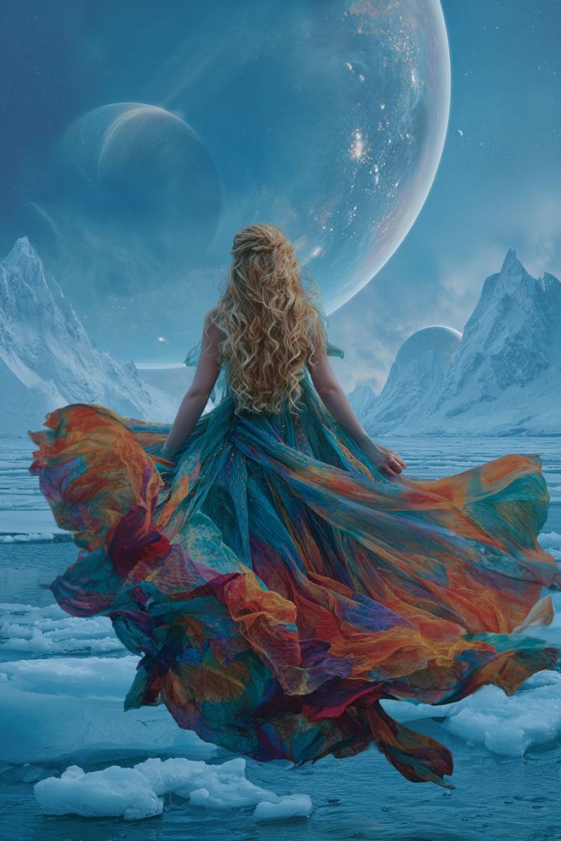 Woman dress floating space planet universe fantasy imagination dream colorful cosmic celestial ethereal surreal dreamlike science fiction outer A woman with curly blonde hair stands in the middle of a vast icy landscape, her dress flowing dramatically in the wind. The dress is a vibrant mix of blue, orange, and red hues, with delicate layers that catch the light. She gazes towards the sky, where two large planets are visible, one with a visible ring system. The sky is a deep blue, dotted with stars, and the icy ground is scattered with small ice formations. The scene is set against a back of towering, snow-capped mountains.