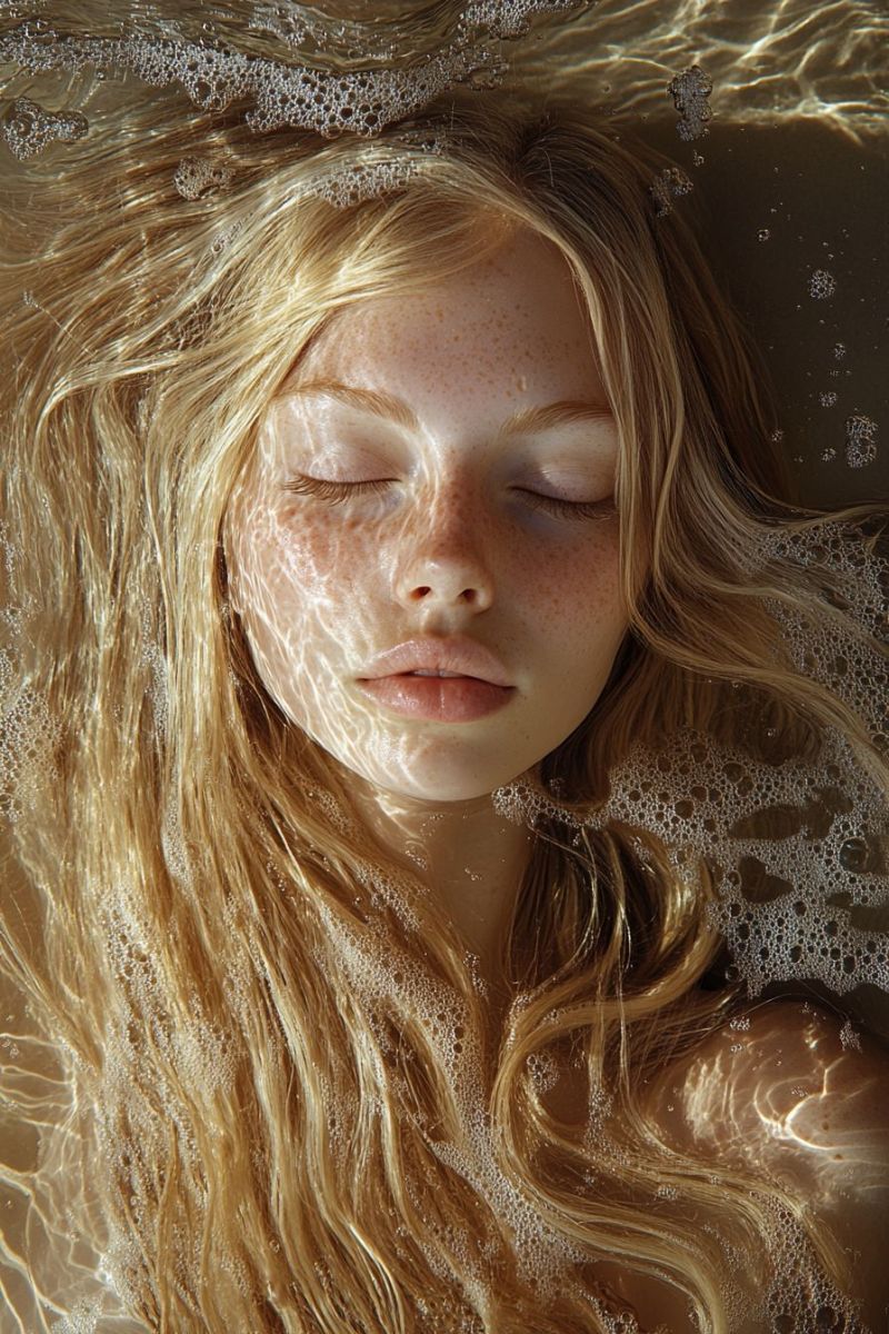 Eau visage cheveux soleil reflet mouille beaute sous bulles gros naturel peau oeil mode Une jeune femme aux longs cheveux blonds ondulés est immergée dans l'eau, son visage partiellement couvert de bulles. Elle a les yeux fermés et regarde vers le haut, posant peut-être pour une photographie. Ses cheveux sont mouillés et semblent flotter autour de son visage. L'eau autour d'elle est claire et le soleil brille à travers, créant une douce lueur éthérée sur sa peau. Les bulles sont dispersées autour de sa tête et de ses épaules, ajoutant un effet ludique et rêveur à la scène.