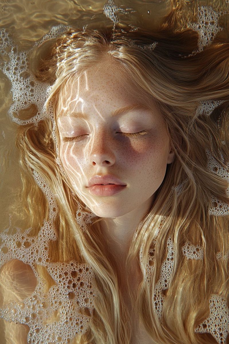 Visage eau cheveux soleil reflet beaute sous bulles gros naturel peau oeil taches rousseur mouille calme serein melancolique Une femme aux longs cheveux blonds ondulés est immergée dans l'eau, son visage illuminé par la lumière du soleil. Ses yeux sont fermés et ses lèvres légèrement entrouvertes. Elle a des taches de rousseur sur le visage et ses cheveux sont mouillés, avec des bulles autour de sa tête. L'eau est claire et la lumière du soleil la traverse, créant un effet doux et rêveur.