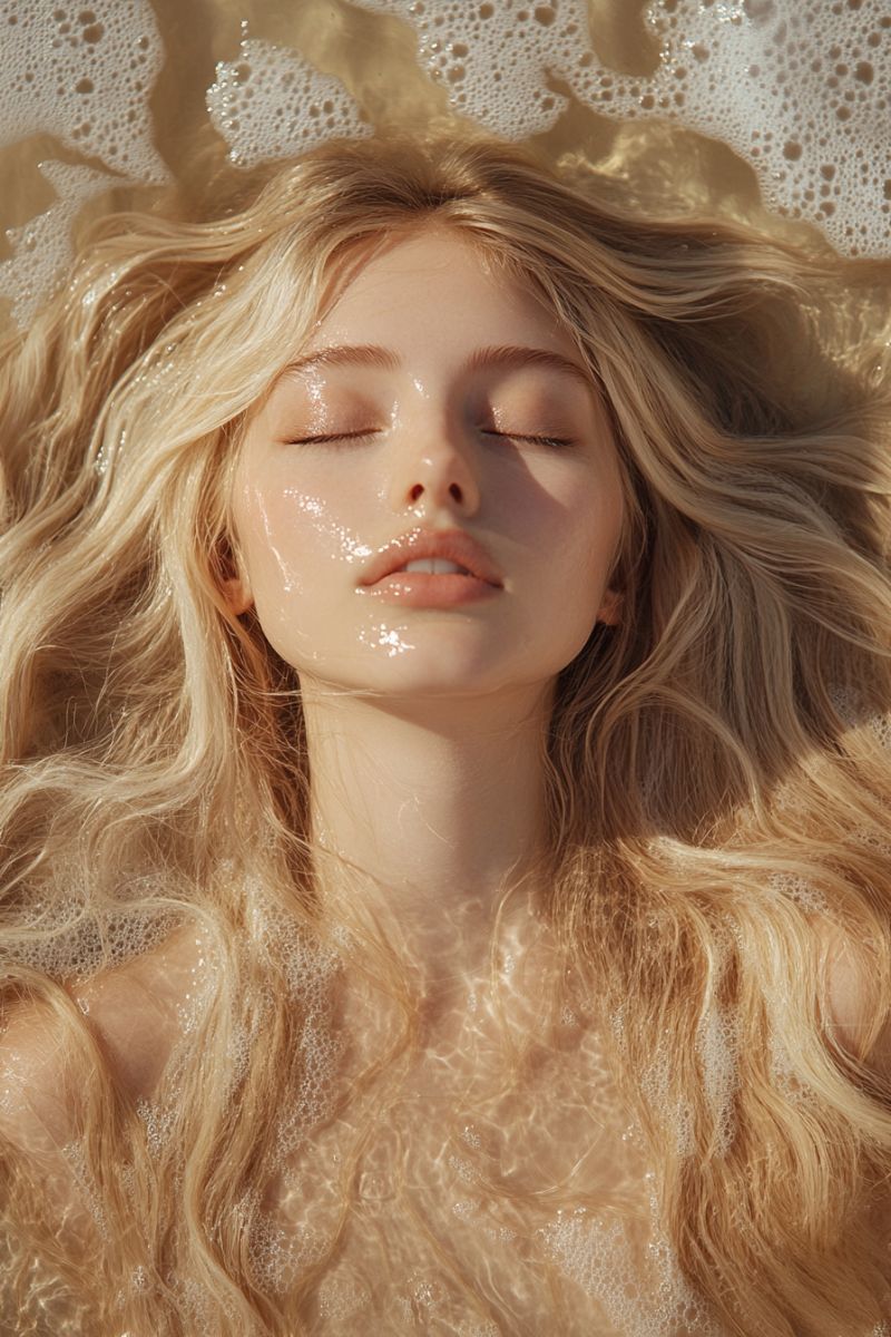 Visage eau cheveux mouille beaute peau Une femme aux longs cheveux blonds ondulés est allongée dans une baignoire remplie d'eau. Ses cheveux sont mouillés et semblent flotter dans l'eau. Elle regarde vers le haut les yeux fermés, affichant une expression sereine et détendue. Son visage est légèrement mouillé, et il y a des bulles autour de sa tête et de ses épaules. L'eau dans la baignoire est claire, et la lumière se reflète sur sa peau et ses cheveux, créant un effet doux et lumineux.