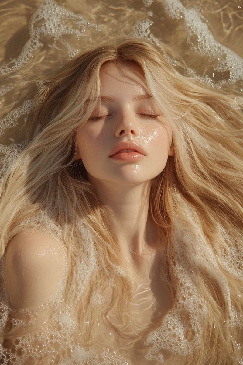 Femme cheveux eau visage mouille beaute relaxation soleil naturel peau propre frais nettoyage humidite serum facial soins spa Une femme aux longs cheveux blonds ondulés est allongée dans un plan d'eau, peut-être une mer ou un océan. Elle regarde vers le haut les yeux fermés, et ses cheveux sont mouillés et flottent autour d'elle. Elle a un léger sourire sur le visage, et ses lèvres sont légèrement entrouvertes. L'eau est claire, et il y a de petites bulles autour d'elle. La lumière du soleil brille sur son visage, et ses cheveux reflètent la lumière.