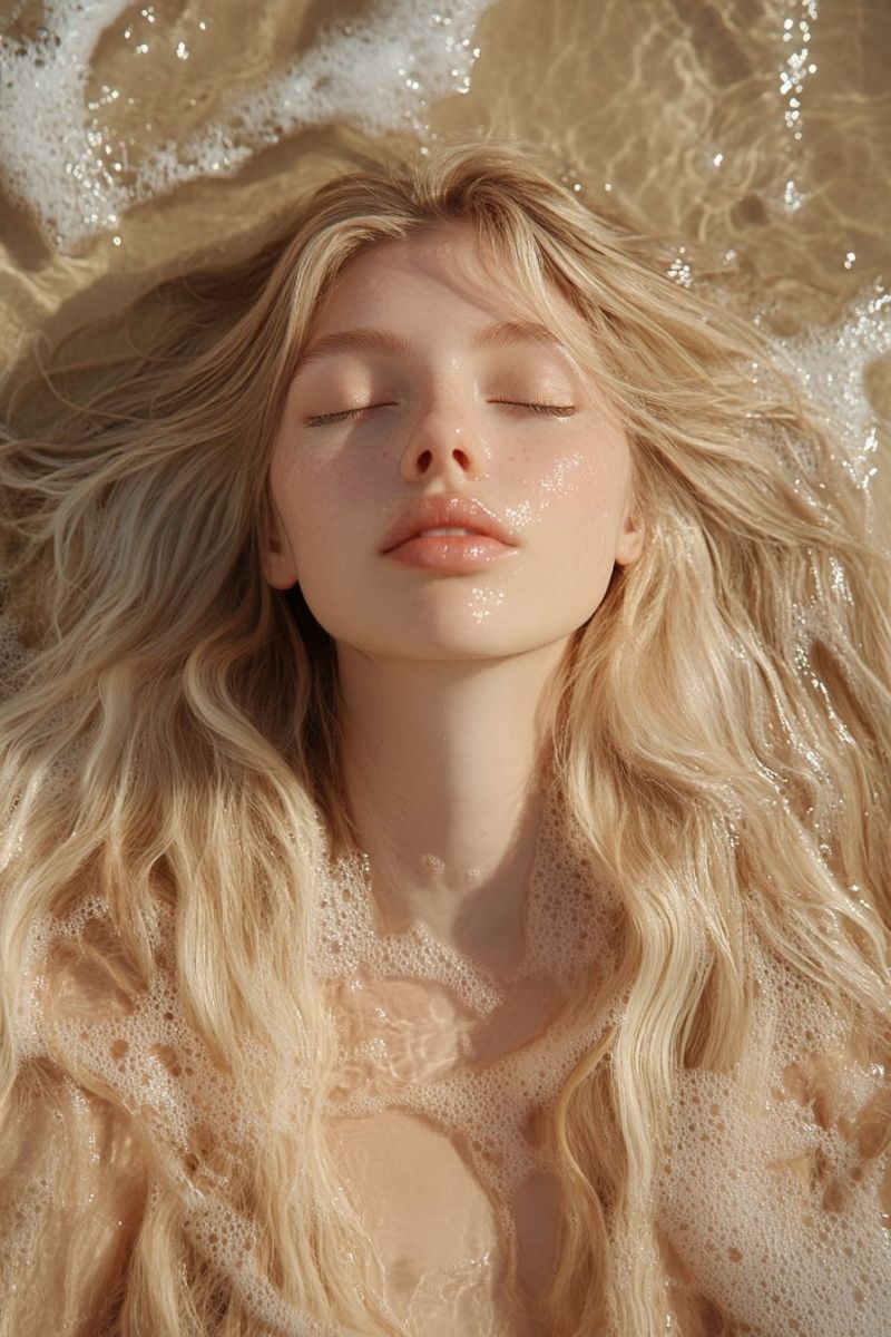 Visage eau cheveux mouille beaute mode Une femme aux longs cheveux blonds ondulés est allongée dans un plan d'eau peu profond, peut-être une plage ou une piscine. Elle regarde vers le haut les yeux fermés, et ses cheveux sont mouillés avec des bulles dessus. Elle a un léger sourire sur le visage, et ses lèvres sont légèrement entrouvertes. L'eau autour d'elle est claire, et il y a de petites bulles flottant à la surface. La peau de la femme est légèrement rosée, et elle semble être dans un état de détente et de paix.