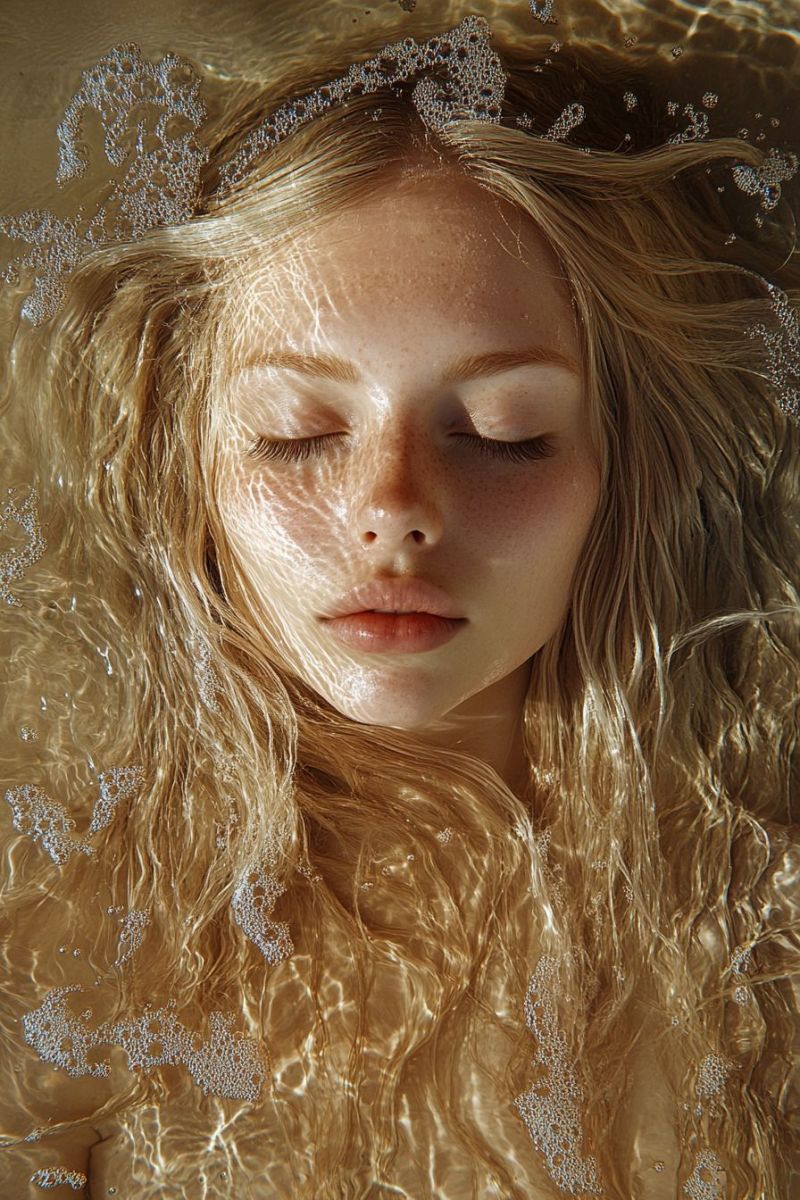 Femme eau visage cheveux yeux soleil bulles mouille sous beaute reflet peau naturel mode Une femme aux longs cheveux blonds ondulés est immergée dans l'eau, son visage partiellement couvert de gouttelettes et de bulles. Elle a les yeux fermés et ses lèvres sont légèrement entrouvertes. Sa peau a un éclat chaud et doré, et il y a des taches de rousseur sur ses joues et son front. L'eau autour d'elle est claire et reflète la lumière, créant un effet scintillant. L'arrière-plan est flou, et il semble qu'elle soit dans un cadre naturel, peut-être un lac ou une rivière.