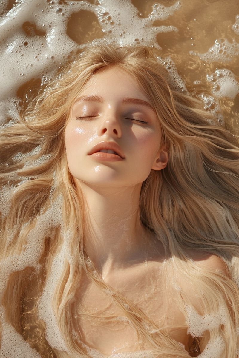Femme visage cheveux eau beaute mode maquillage soins peau spa relaxation bien etre personnels naturel Une femme aux longs cheveux blonds ondulés est allongée dans un plan d'eau, peut-être une mer ou un océan. Ses cheveux sont mouillés et semblent flotter à la surface de l'eau. Elle regarde vers le haut les yeux fermés, et son visage est illuminé par la lumière du soleil. L'eau autour d'elle est claire, et de petites bulles flottent à la surface. La peau de la femme semble briller, et elle a une expression sereine et paisible sur le visage.