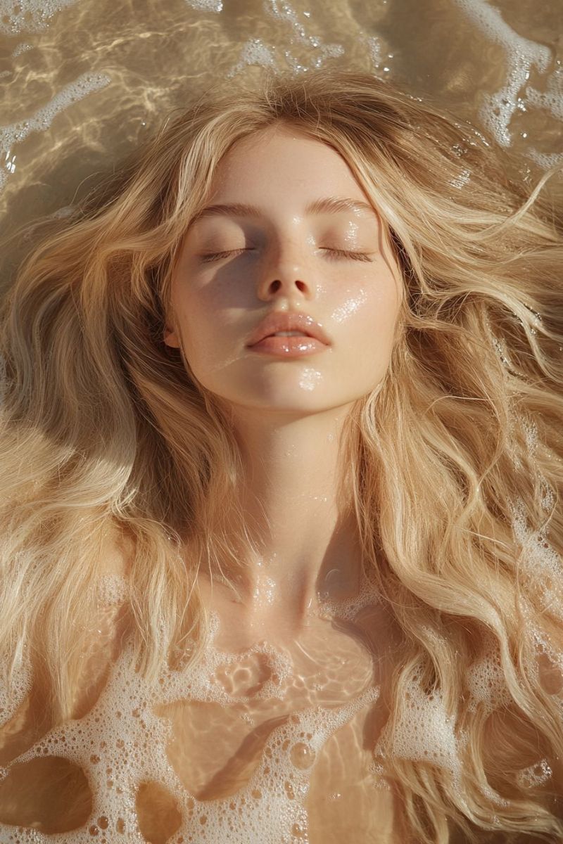 Blonde cheveux eau visage mouille soleil beaute relaxation naturel serein calme frais propre humidite etincelant doux eclat sous marin Une femme aux cheveux blonds longs et ondulés est allongée dans un plan d'eau, peut-être une mer ou un océan. Ses cheveux sont mouillés et ont un aspect naturel et marin. Elle regarde vers le haut les yeux fermés, et son visage est partiellement couvert de gouttes d'eau. L'eau autour d'elle est claire, et il y a de petites bulles flottant à la surface. La peau de la femme semble légèrement rosée, et elle a une expression sereine sur le visage.